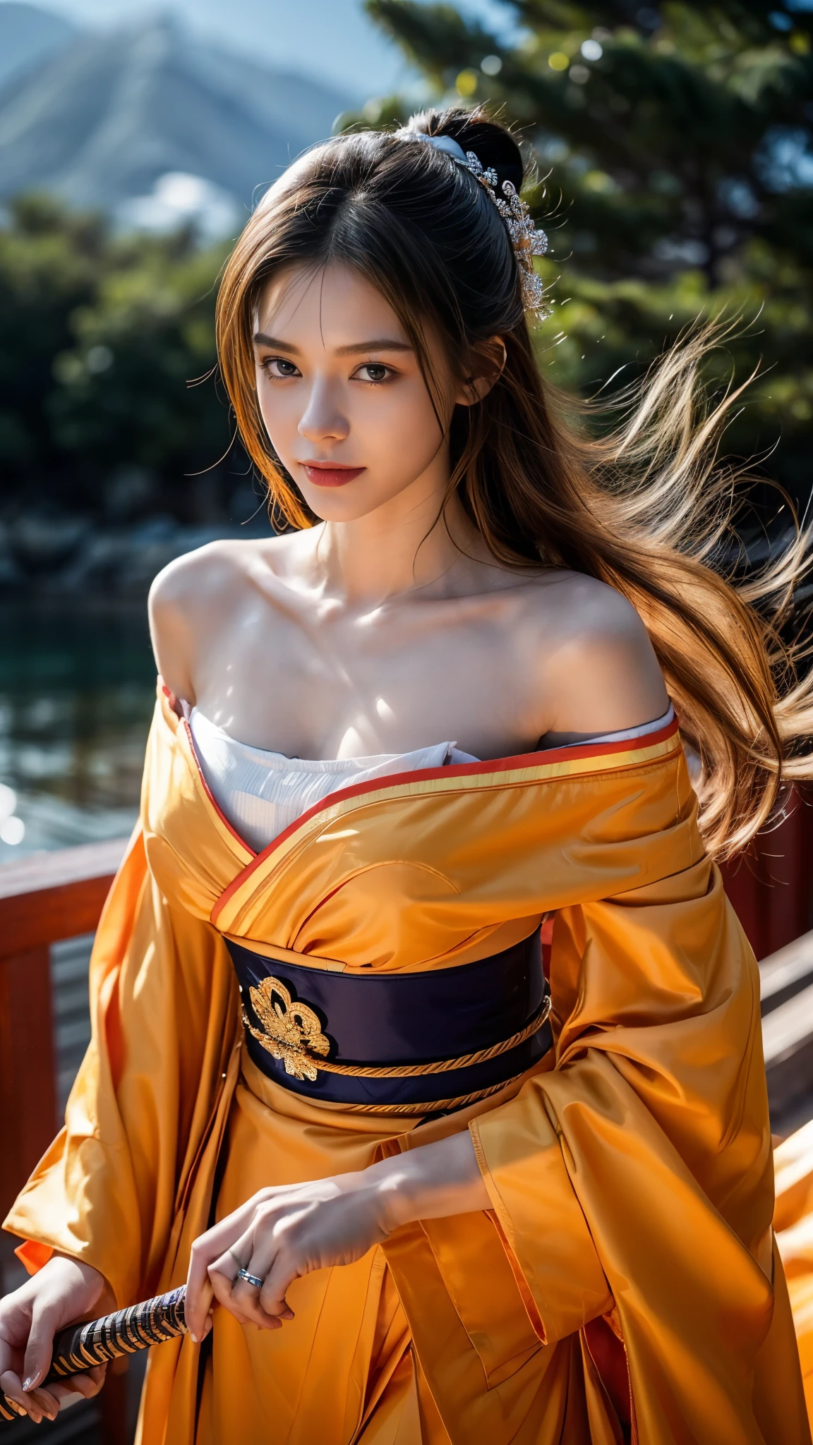 (RAW shooting, Photoreal:1.5, 8k, highest quality, masterpiece, ultra high resolution), Sengoku, fire事, いたるところで燃え上がる戦fire:1.3, perfect dynamic composition:1.2, Highly detailed skin and facial textures:1.2, Slim female samurai with a sharp Japanese sword:1.3, Fight:1.2, beautiful and aesthetic, cute and sexy beauty, perfect style:1.2, wear elaborate rings, fire, water, Wind, thunder, ice, Fair skin, very beautiful face, (Medium chest, Chest gap), (embarrassing smile, The expression on your face when you feel intense caress, Facial expression when feeling pleasure), (Wearing a sexy Sengoku uniform:1.1, off shoulder), (beautiful blue eyes, Eyes that feel beautiful eros:0.8), (Too erotic:0.9, Bewitching:0.9), full body shot