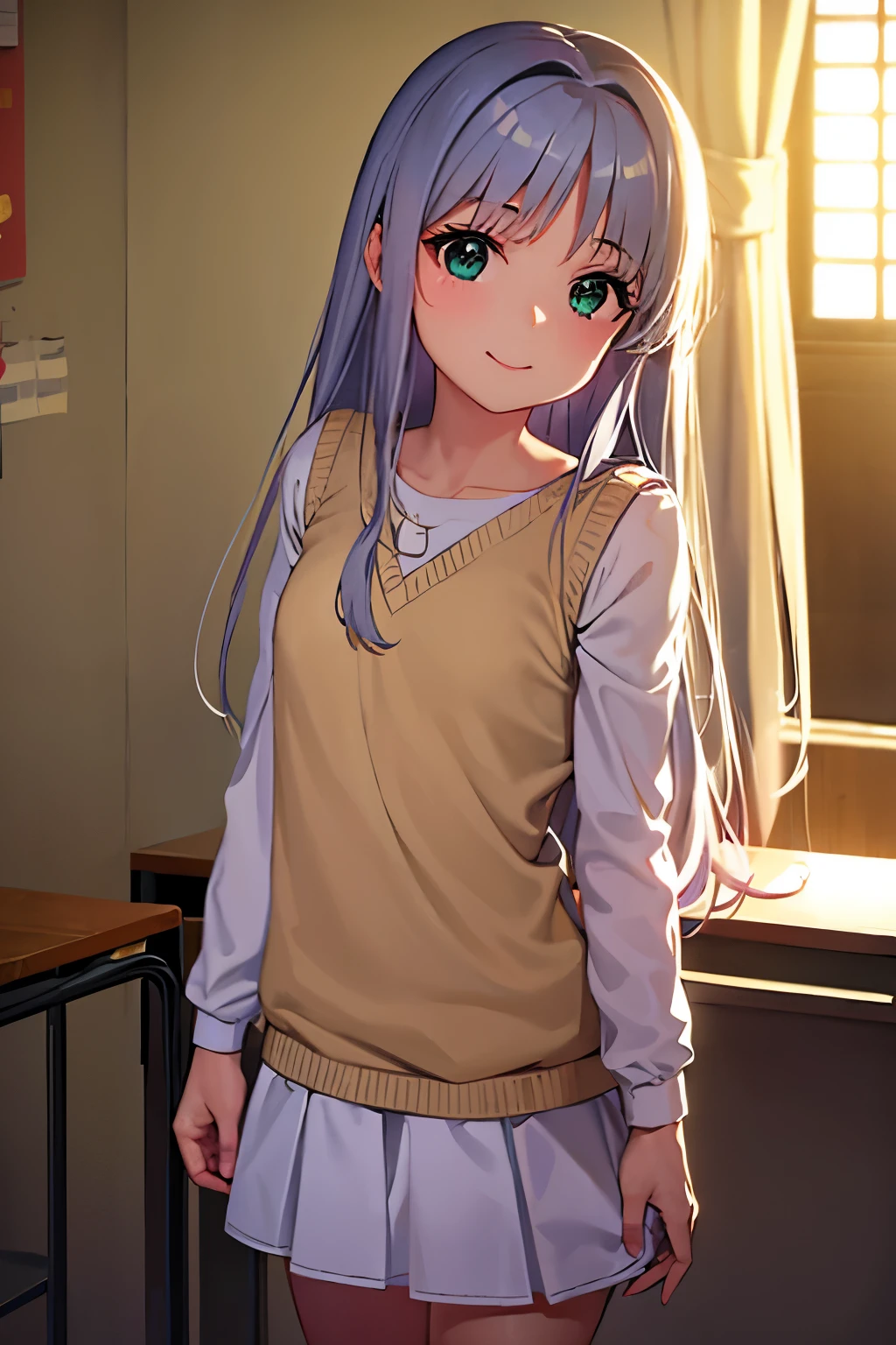 Cabello largo plateado, ojos verdes, headband, teacher clothes, small breast, sonrisa, happy, muslos hermosos, inside house