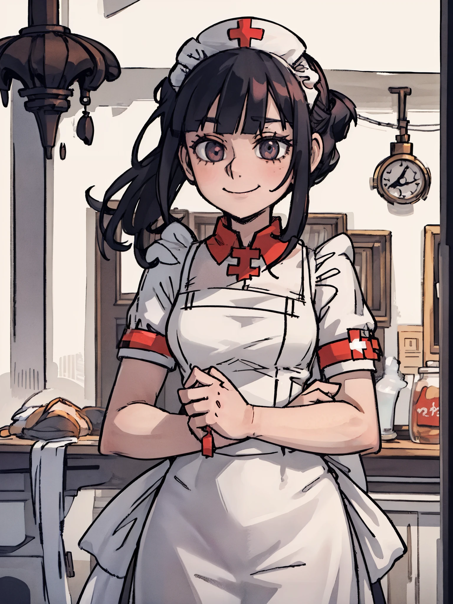 ((a woman,Little nurse,White clothes,maid outfit)),front,Half body,black hair,red cloak,Sister-in-law cool,temperament,cute,Smile,Different world,White background