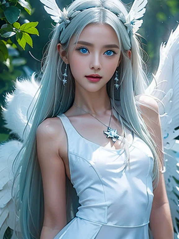 8k, Best Quality, Detailed, Ultra High Definition, Masterpiece, Random Angle, Elongated, Smiling, (Compensation: 0.4), (Fluffy Blue Eyes: 1.21), Big Blue Eyes, People Watching, ((Full Length)), One Girl, One Person, Close-Up Shot, (((High)), ((Slim Face ))), sharp face, sharp eyes, (((white hair, long hair, ))), ((detailed face)), small lips, (((small angel wings))), (((white dress, ))), detailed breasts, big tits, detailed buttocks, beautiful girl with slim abs highlighted: 1. 4, six pack abs: 1.4, bust botox Perfect body, slender legs, (((in heaven))), 18 years old, looks much younger than her age.