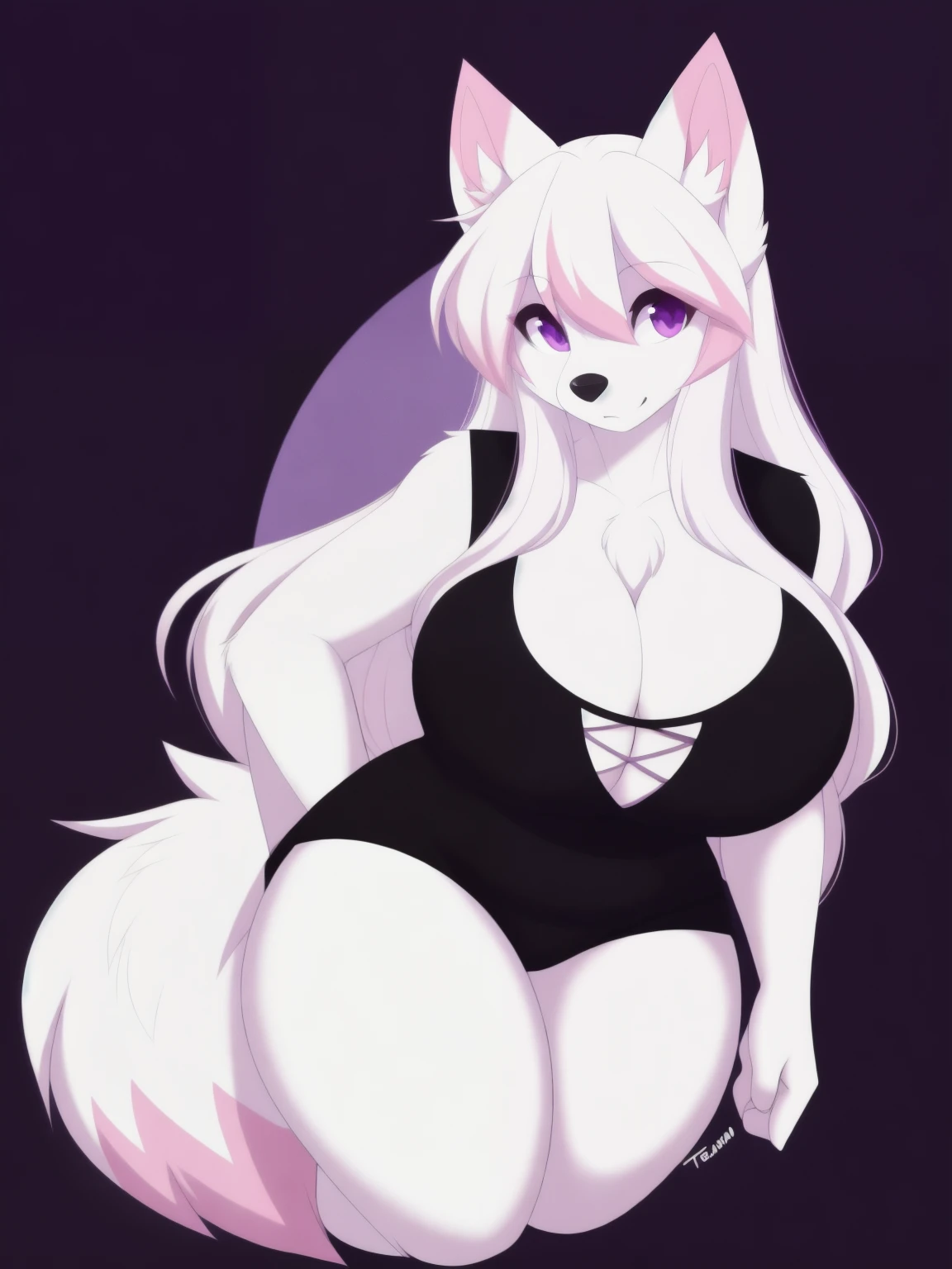 (white body:1.4, pink ears, arctic fox, tail:1.3, pink tip of the ears:1.4, white hair, big breasts:1.22, pink iris:1.3, pink claws, cute expression, white hair with pink highlights:1.5, round breasts:1.3, detailed eyes, small nose, hairy, Very fluffy thighs:1.5, slightly Chubby:0.9, sexy, pink tip of the tail:1.6, chest fluff:1.5, detailed eyes, sexy, thick thighs, teenager, busty, short stack, breathless, Very fluffy body, Very fluffy thighs:1.4, medium hips:0.9, cute expression:1.2, long hair:0.9, furry body, perfect posture:1.2, ((perfect Anatomy)), emo hair, hair covering eyes:1.5, nsfw, solo, fluffy fur, detailed fur:1.2, standing, purple background, Black shirt:1.2, cleavage, Wearing long fishnets, Black panties), by teranen