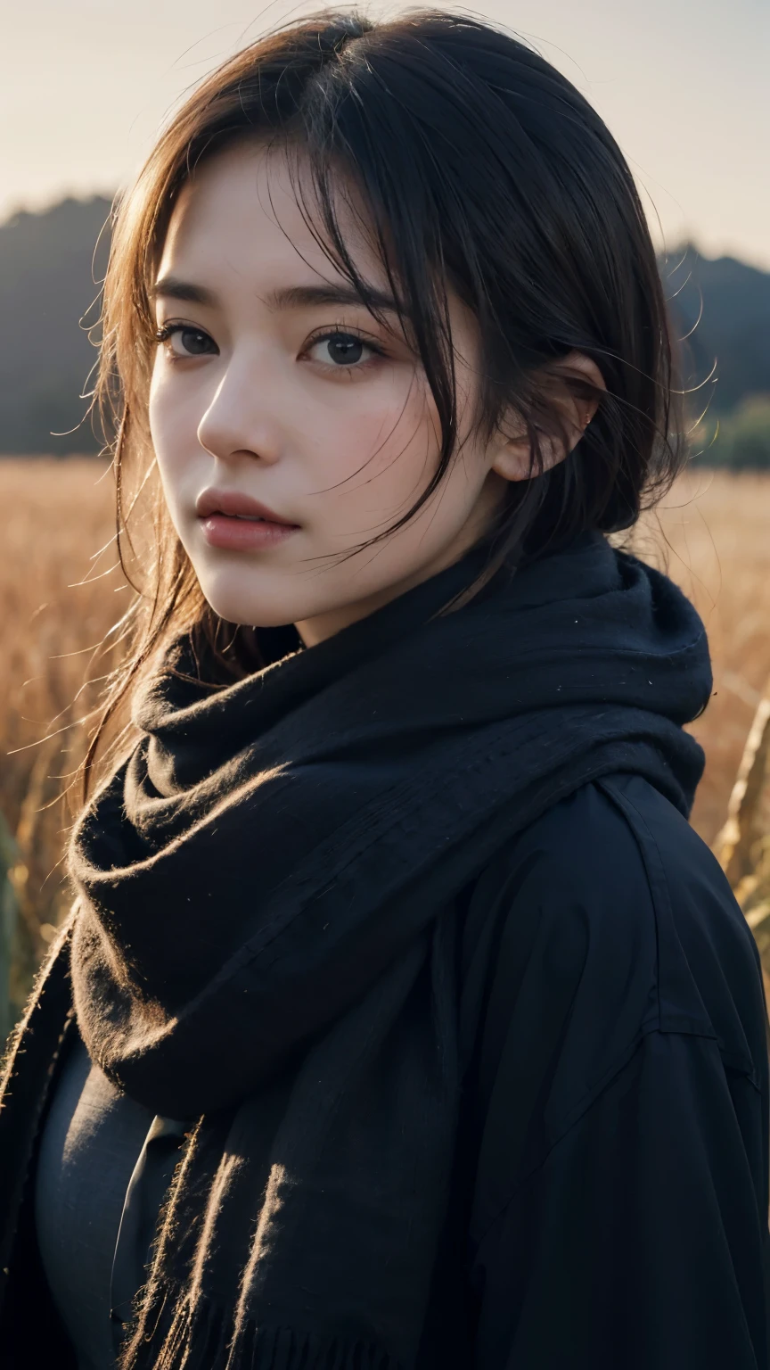 8k, best quality, masterpiece, realistic, ultra detail, photo realistic, Increase quality,
a photo of a girl standing in a field with a scarf, in the style of dark and brooding designer, voluminous mass, photobash, serene faces, jagged edges, navy, natural beauty, close-up shot