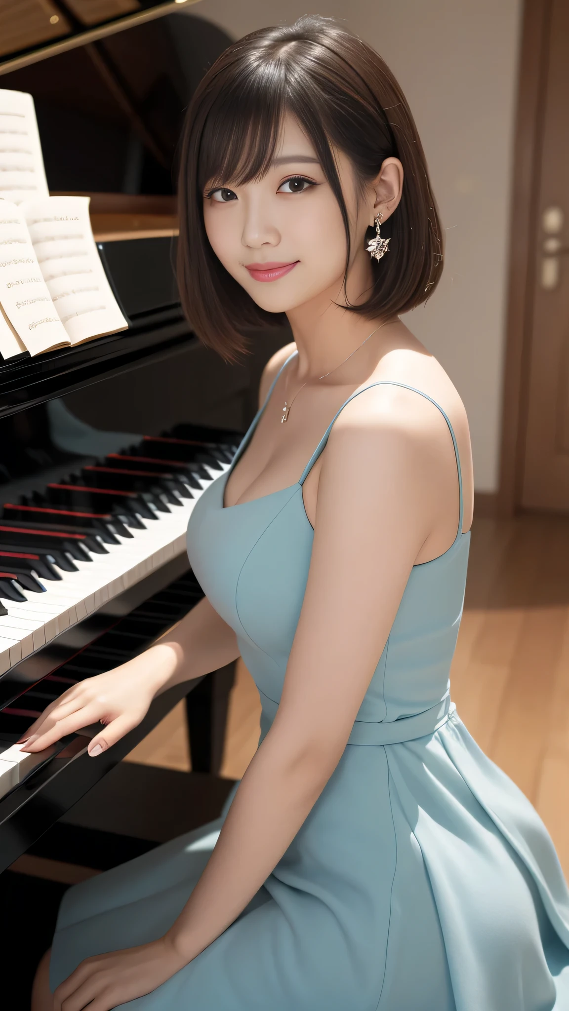 alone, (shiny skin:1.05),(blush:0.9),(skin dents:1.15),realistic, highest quality, High resolution,absurd, (perfect face:1.1), ,(highest quality,8k,32K,masterpiece,nffsw:1.3),超A high resolution,(Photoreal:1.4),RAW photo,beautiful hair, sexy long dress, cleavage,,medium full breasted,stage of concert hall, detailed background, perfect lighting, written boundary depth, beautiful shadow gradation,Grand piano1tower,pumps,solo plan,sitting on a piano chair and playing,1towerのピアノ,View piano sheet music,smile