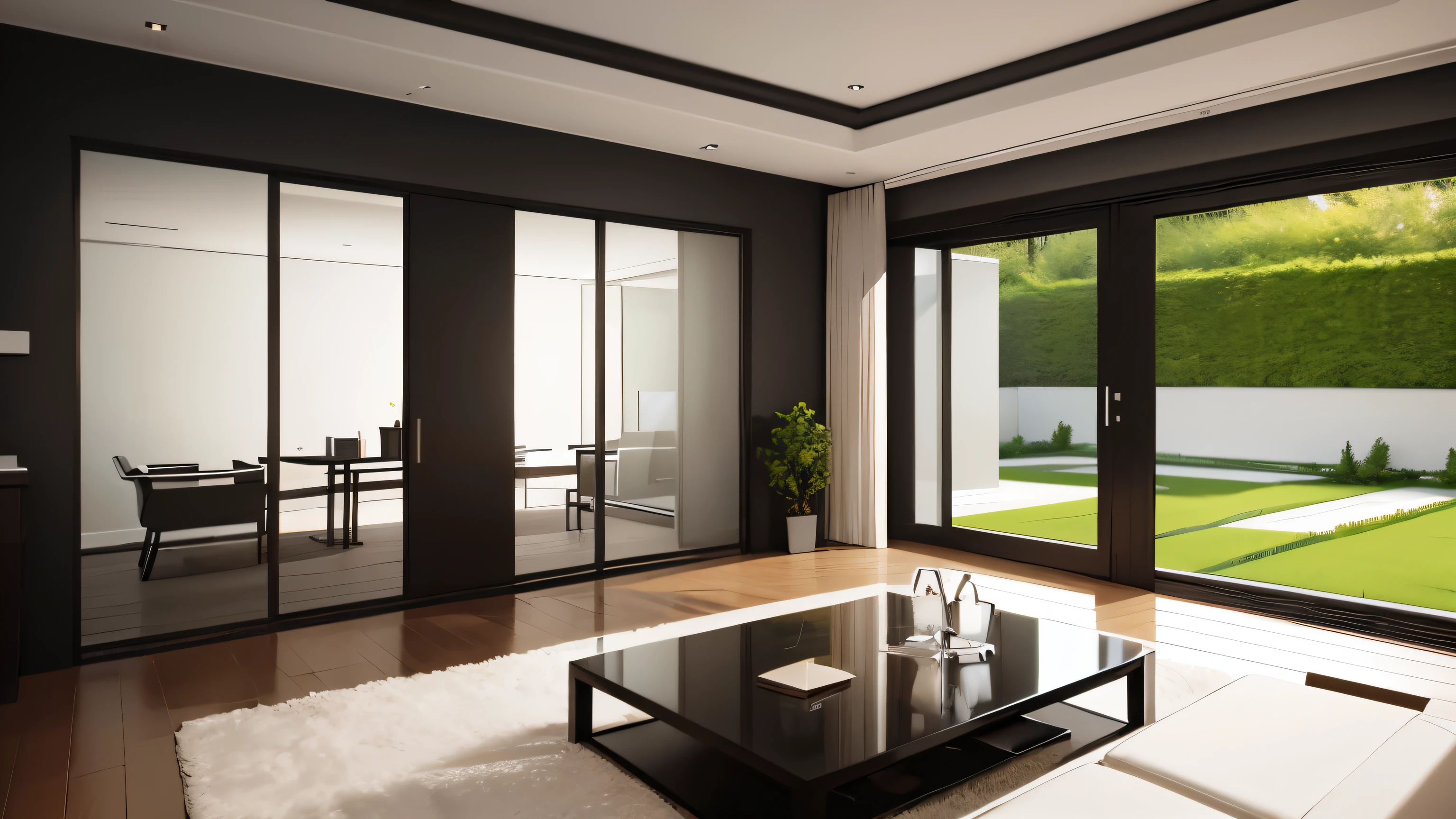 you are a famous interior designer、I was asked to create a 3D image of a large modern room.。. Create a harmonious environment with modern and minimalist furniture. Including garden interior.