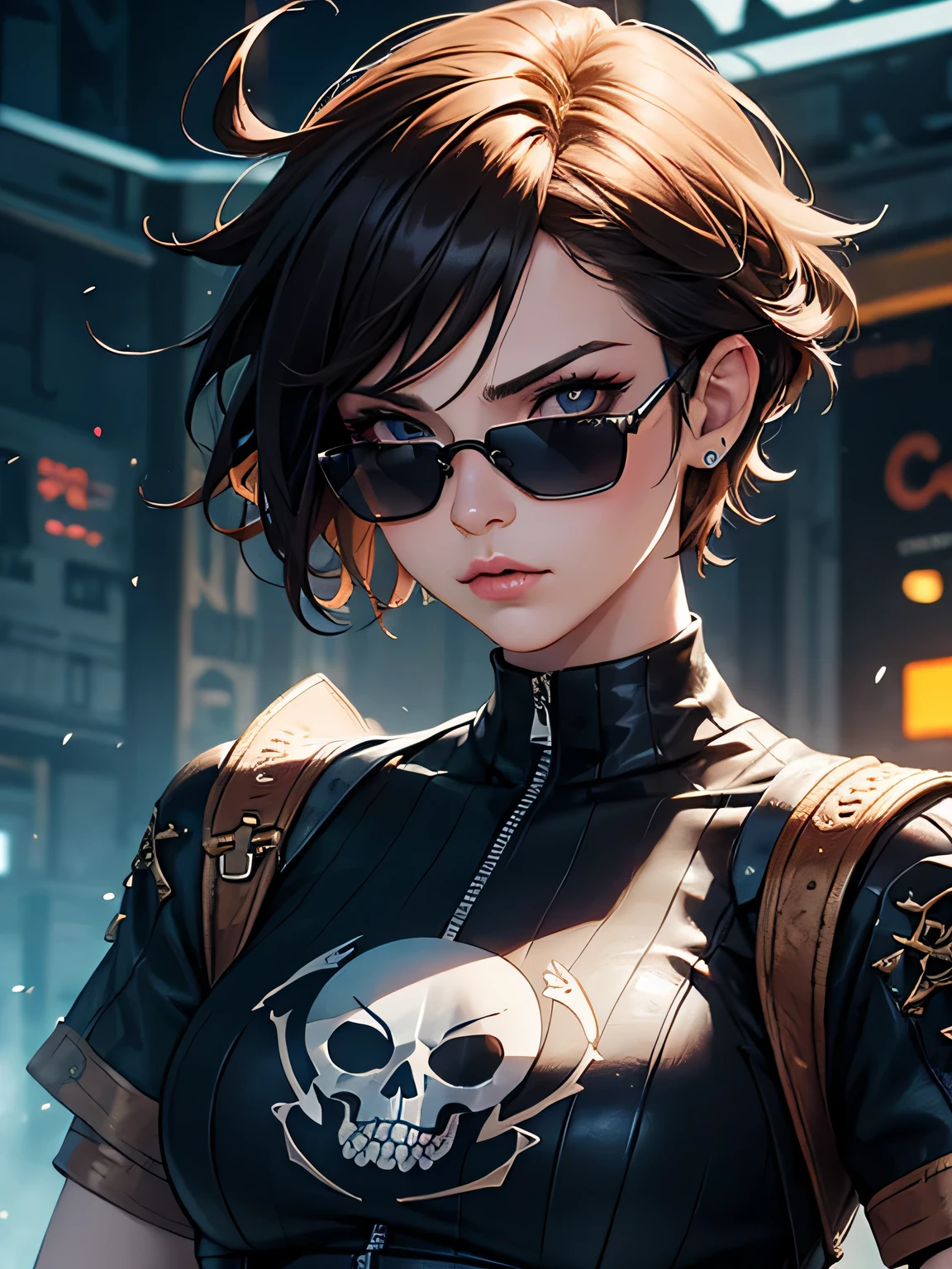 T-shirt with stylish design, The strongest girl pirate in history, focus on the face, Stylish sunglasses, highest quality、cyber punk, short hair, Embroidery pattern, dynamic pose, HDR, Detailed details, skull fashion, cinematic light, detailed clothing texture,