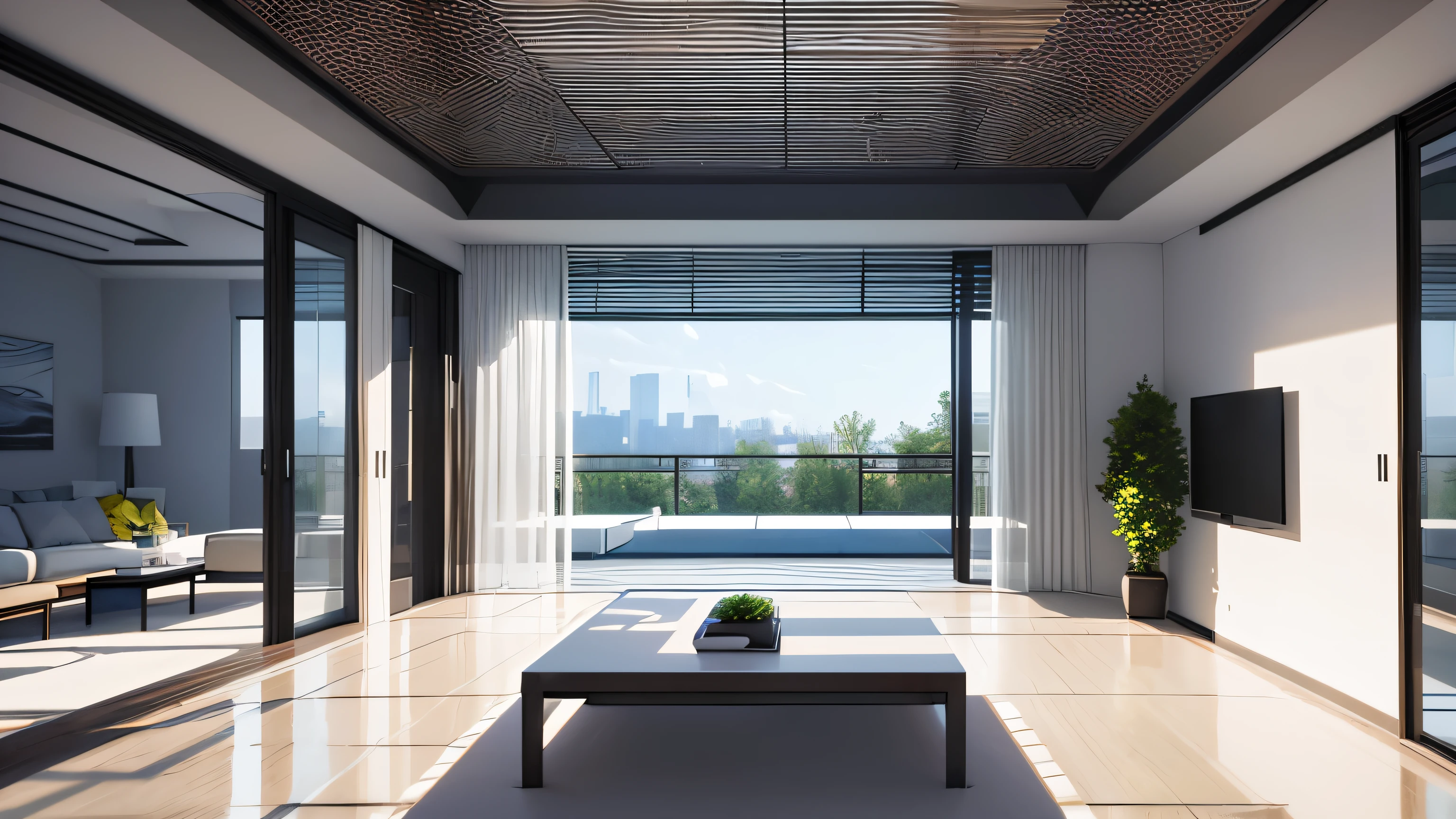 you are a famous interior designer、I was asked to create a 3D image of a large modern room.。. Create a harmonious environment with modern and minimalist furniture. Including garden interior.