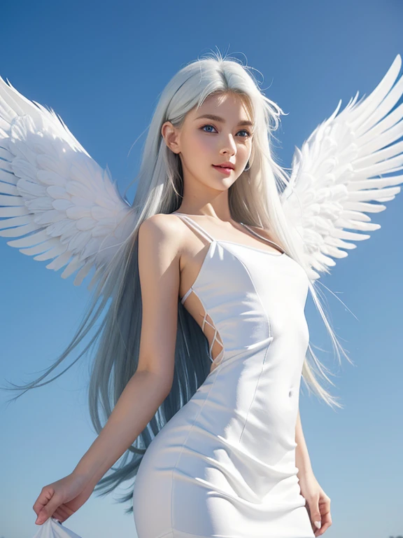 8k, Best Quality, Detailed, Ultra High Definition, Masterpiece, Random Angle, Elongated, Smiling, (Compensation: 0.4), (Fluffy Blue Eyes: 1.21), Big Blue Eyes, People Watching, ((Full Length)), One Girl, One Person, Close-Up Shot, (((High)), ((Slim Face ))), sharp face, sharp eyes, (((white hair, long hair, ))), ((detailed face)), small lips, (((small angel wings))), (((white dress, ))), detailed breasts, big tits, detailed buttocks, beautiful girl with slim abs highlighted: 1. 4, six pack abs: 1.4, bust botox Perfect body, slender legs, (((in heaven))), 18 years old, looks much younger than her age.