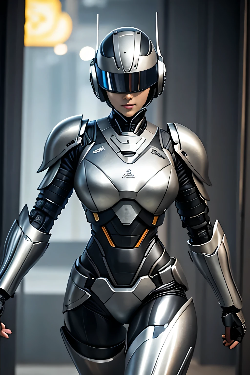 female robocop solo、Armor that completely covers the whole body、very large armor、helmet to hide eyes、rainbow armor、Armor that completely covers the chest、thin and long legs、Vibrant posel body view