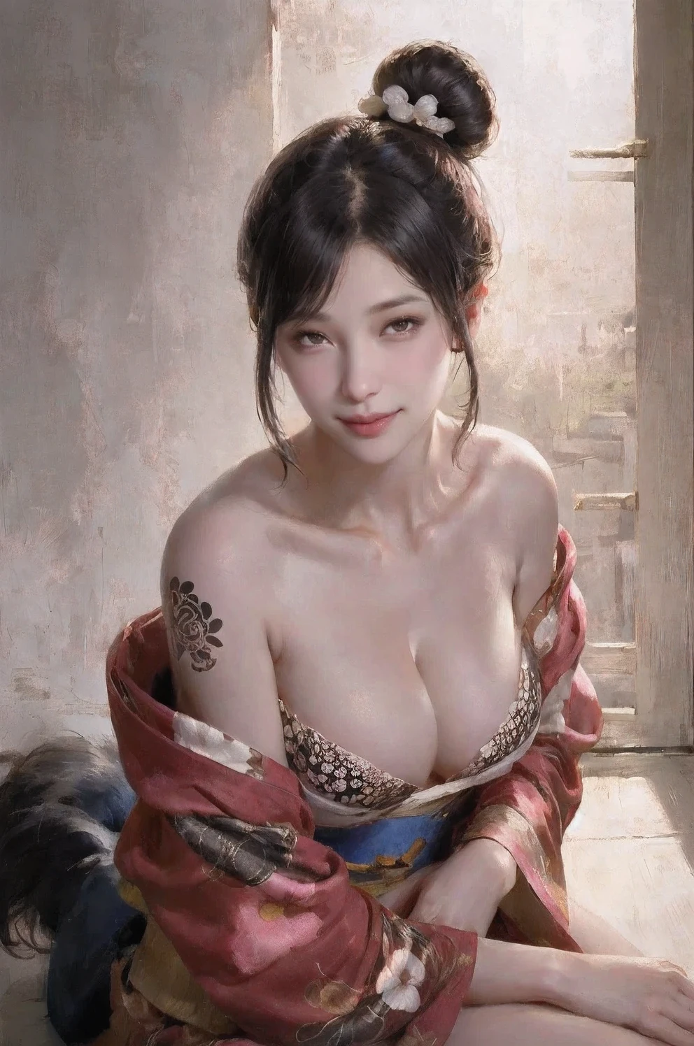 1girl,solo,japanese clothes,cleavage,kimono,photo (medium),brown eyes,lips,cosplay photo,floral print,looking at viewer,black hair,realistic,sash,shouji,lipstick,makeup,asian,sliding doors,upper body,brown hair,yukata,collarbone,smile,cosplay,tatami,no bra,long sleeves,short hair,obi,black eyes,red lips,open clothes,av idol,mature female,parted lips,nose,animal print,lying,breast press,print kimono,bare shoulders,long hair,flower,photorealistic,indoors,light smile,bangs,ponytail,underwear,open kimono,tile wall,parted bangs,head tilt,covered nipples,areolae,nipples,wide sleeves,mole,clenched hand,wet,hair ornament,pink lips,breast squeeze,on floor,lingerie,undressing,shadow,blush,hair bun,bikini,ninja,sideboob,against wall,white kimono,breast hold,tattoo,hair over shoulder,pose,