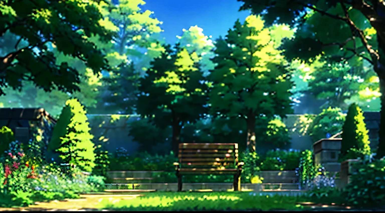 Create an illustration of a serene garden setting featuring a large tree casting its shadow. Underneath the tree, include a bench where someone could sit and enjoy the peaceful atmosphere. The scene should convey a sense of calmness and relaxation, with attention to detail in the foliage and surroundings. makoto shinkai style