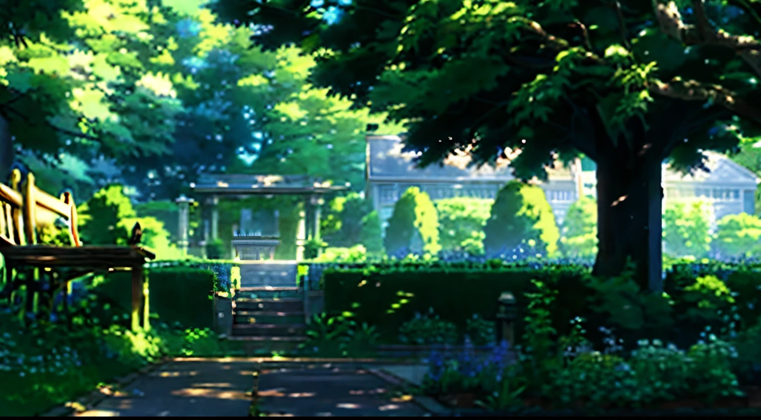 Create an illustration of a serene garden setting featuring a large tree casting its shadow. Underneath the tree, include a bench where someone could sit and enjoy the peaceful atmosphere. The scene should convey a sense of calmness and relaxation, with attention to detail in the foliage and surroundings. makoto shinkai style