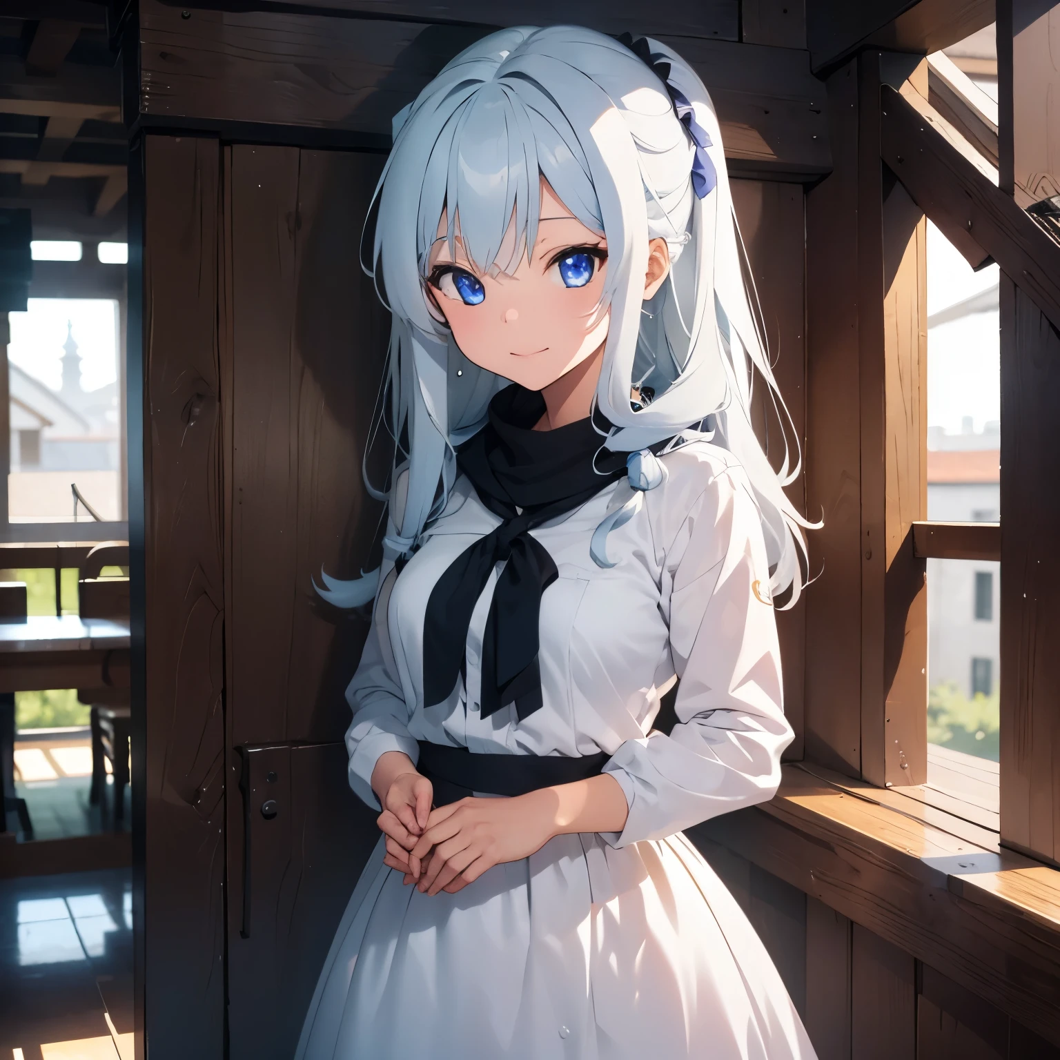 best quality, masterpiece,white hair, blue eyes, upper body,Gorgeous background,1girl, Flowing hair, mature looks, with sword in her hands, snow, ice castle background