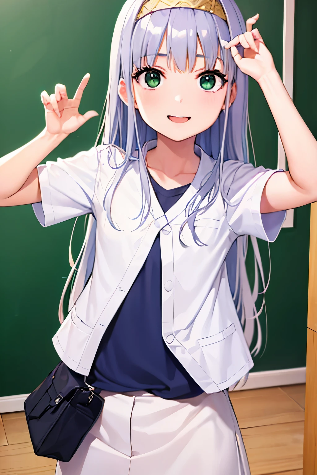 Cabello largo plateado, ojos verdes, headband, teacher clothes, small breast, sonrisa, happy, muslos hermosos, inside house