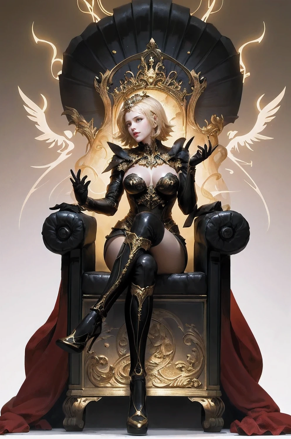 1girl, stoic, queen, full body, sitting on ornate black throne, black dress, legs crossed, red cape, white fur, gloves, solo, blonde hair, short hair, curvy, legs, thighs, golden tiara, high heels, cleavage, large breasts, heart