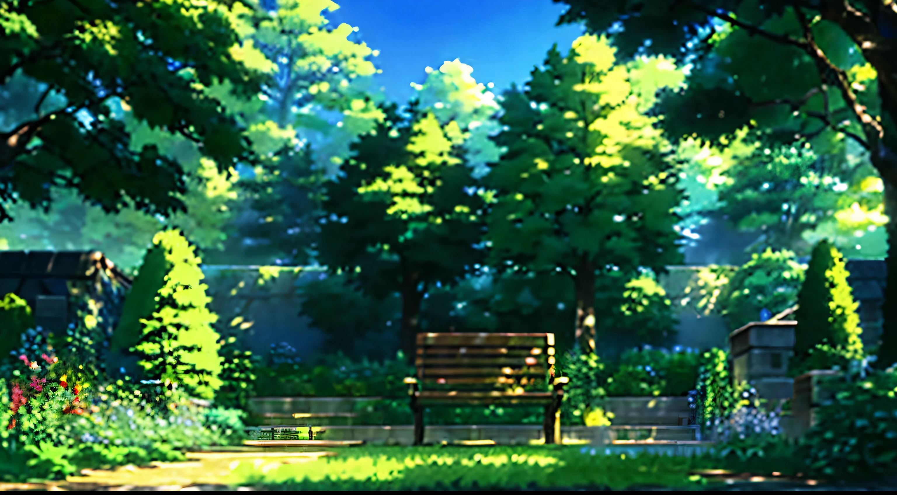 Create an illustration of a serene garden setting featuring a large tree casting its shadow. Underneath the tree, include a bench where someone could sit and enjoy the peaceful atmosphere. The scene should convey a sense of calmness and relaxation, with attention to detail in the foliage and surroundings. makoto shinkai style