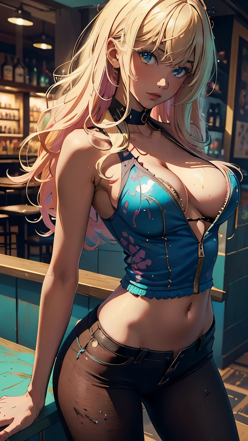 (masterpiece), (highest quality), (super detailed),(messy hair),(figure), (1 girl), (cool otaku clothes), Are standing, looking at the viewer, (bar background),detailed and beautiful eyes,(high color saturation),(colorful splashes),colorful bubble, ((Improve)), long blonde hair, messy bangs, pink lipstick, normal chest, (cleavage), best lighting, best shadow,
