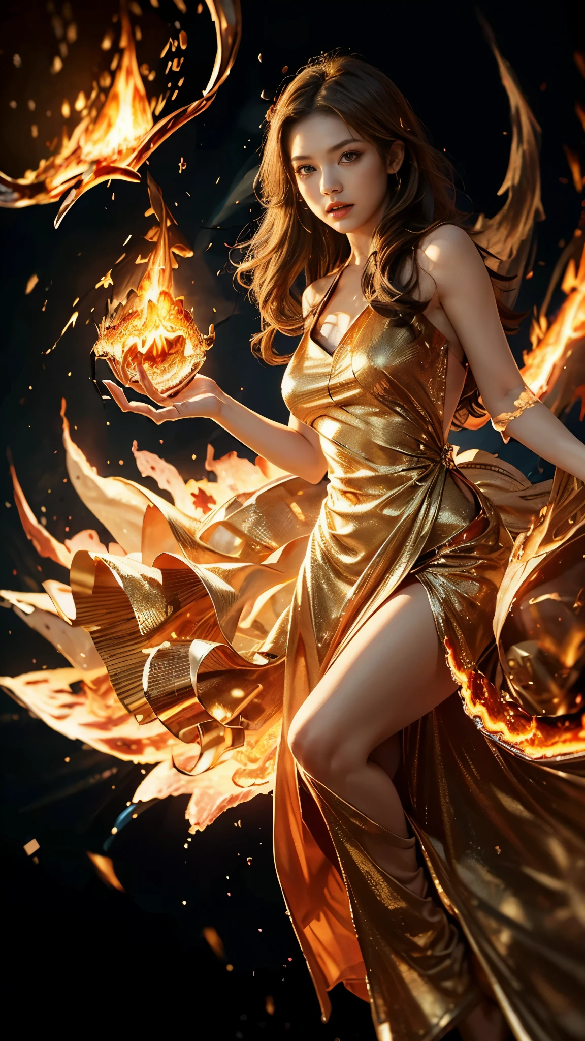8K, ultra detailed, masterpiece, 1 fire girl, good face, detailed eyes, very long hair, hire hair, (fire dress:1.8), (golden dress:1.5), (spreading fire:1.5), (flame aura:1.4), flame in hands, perfect body,
