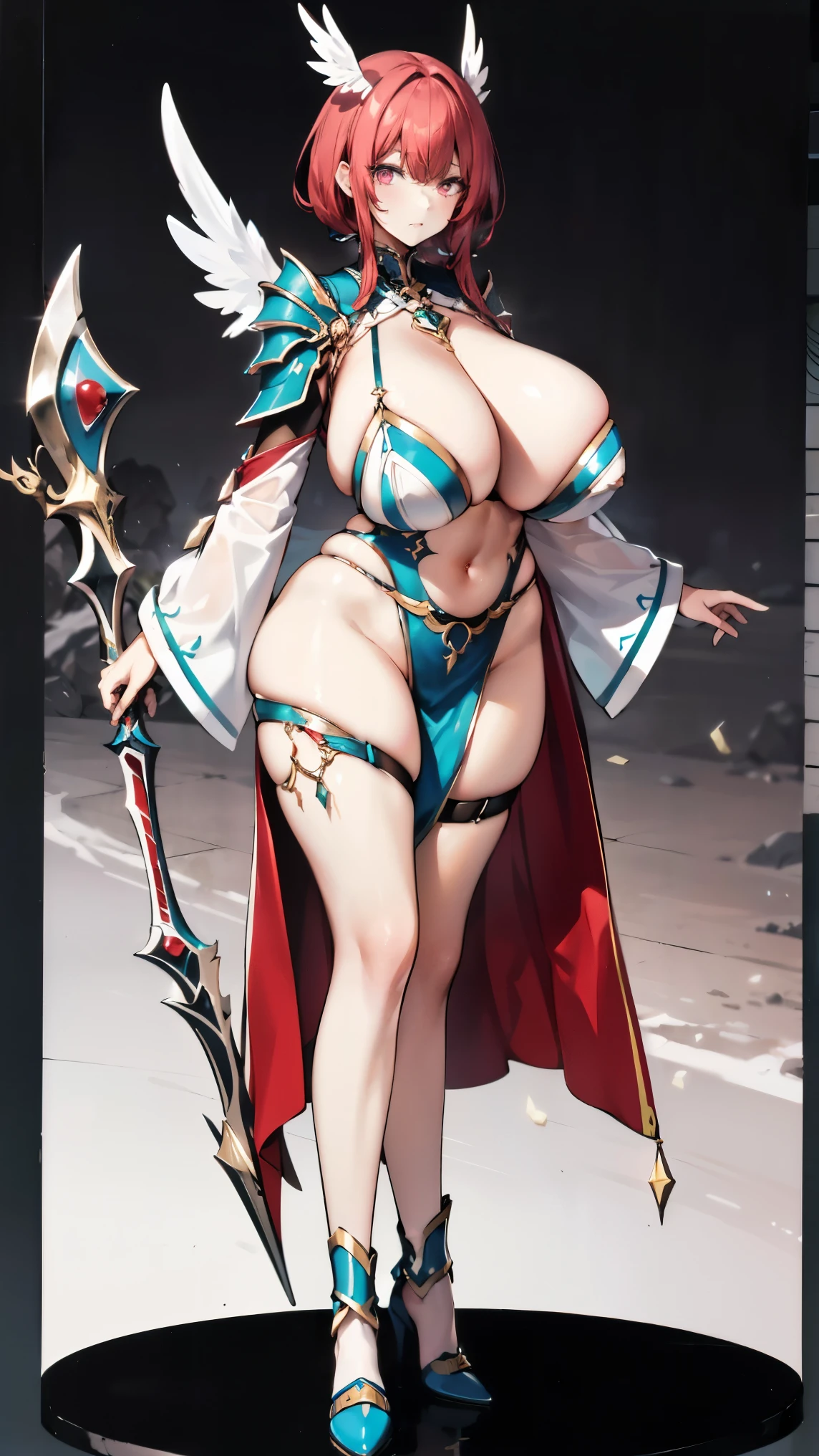 (8k, best quality, masterpiece:1.2),\(Eye details\),\(facial features details\),(\(clothing details details\)\),(1 girl:1.3),solo,full body,mature female,mommyfy,red hair,Gigantic Sagging Breast,(Magic Warrior,:1.4),(light wing:1.3)+(clothing design elements(gem):1.35),Magenta high heels,fantasy space.