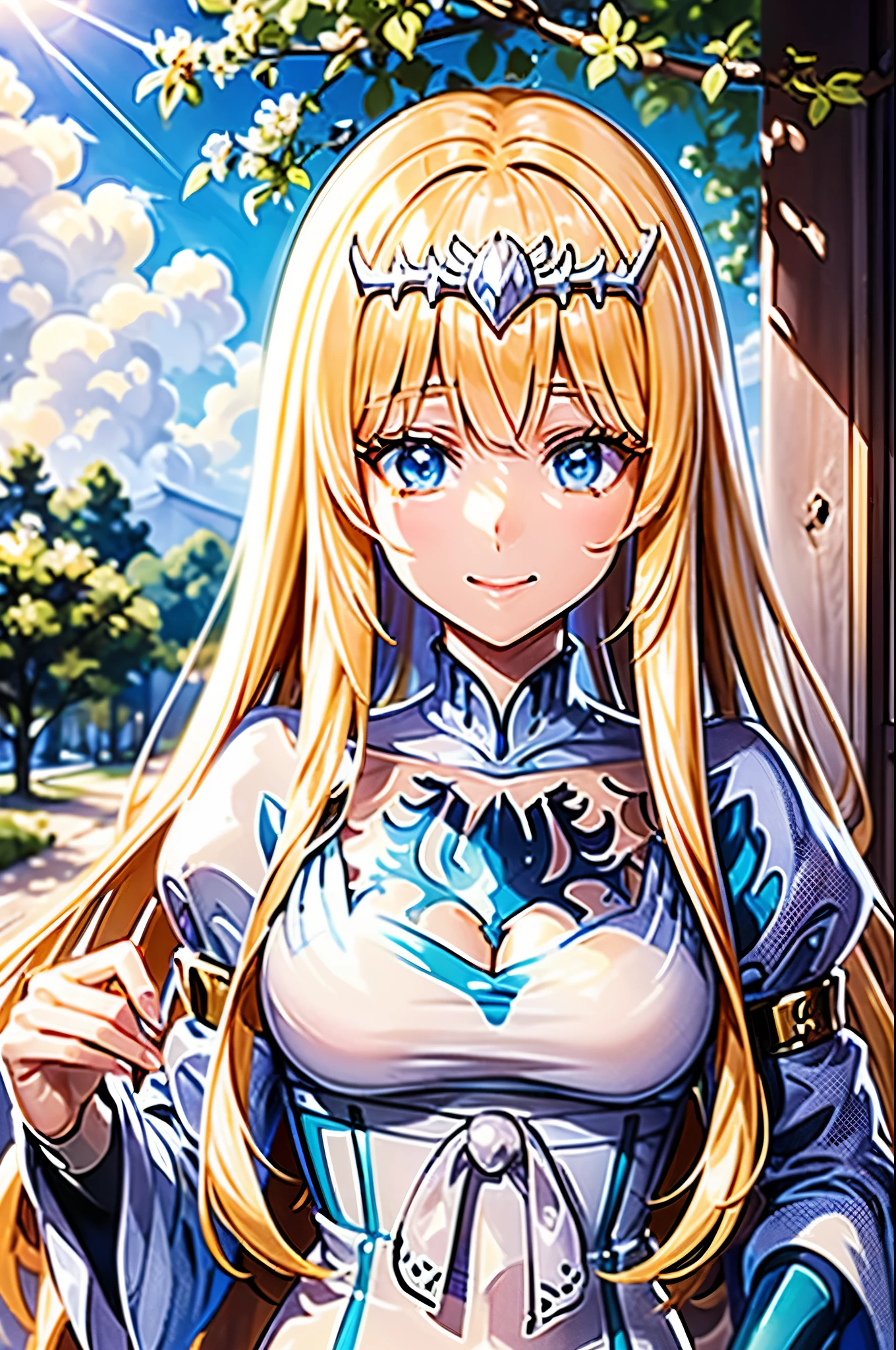 masterpiece, top-quality、8K,  anime girl, 20 year old, outdoor sunny garden, a character portrait by Yang J, Trend of CGsociety, Fantasy art, a beautiful anime portrait, detailed portrait of an anime girl, A girl in Hanfu, Guviz-style artwork, Beautiful anime girl, portrait anime girl, Beautiful character painting, Guviz, Portrait of an anime girl,  (perfectly detailed face), ((well detailed hand, normal hands)), photorealistic image, depth of field, raytracing, warm smile, cowboy shot, standing, upper body,  slim waist, ,1girl, Calca, blonde hair, extremely long hair, white tiara, white dress, blue eyes, medium breasts
