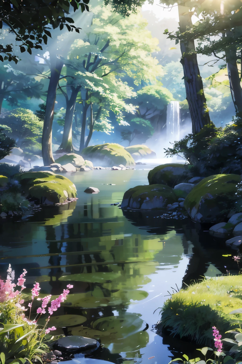 Masterpiece, top quality, 16K UHD,
serene meadow,
Ghibli anime studio style, no humans,
butterflies dancing around,
colorful wildflowers,
beautifully rendered grass texture,
warm sun rays filtering through the trees,
delicate petals swaying in the gentle breeze,
soft pastel colors,
realistic water reflection,
detailed leaves and branches,
intricate floral patterns,
meticulously crafted background art,
calming and peaceful atmosphere.