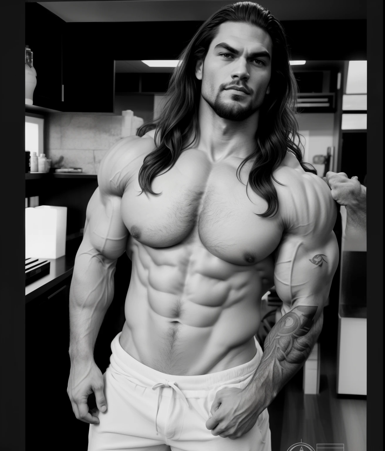 homem arafiado com cabelo comprido e barba posando para uma foto, exaggerated muscular physique, Muito bonito. big muscles, lindo impressionante realista, Silas, muscular character, forte e imponente, inspirado em Adrian Zingg, Jeremy Momoa como Tarzan, exaggerated physique, homem extremamente detalhista, sem camisa :: Alto detalhe, arte masculina, inspirado em Jorge Jacinto