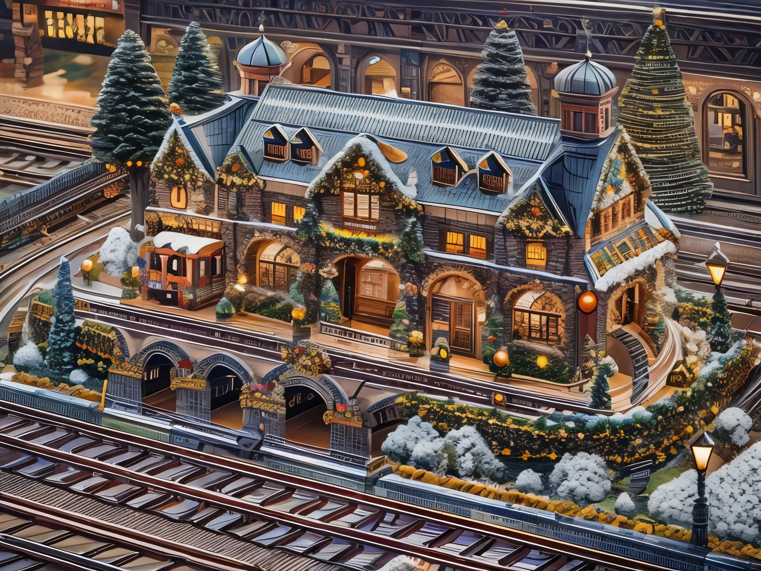 (La best quality,high resolution,super detailed,actual),Lovely knitted train station，Christmas decoration，A masterpiece full of fantasy elements）））， （（best quality））， （（intricate details））（8k）