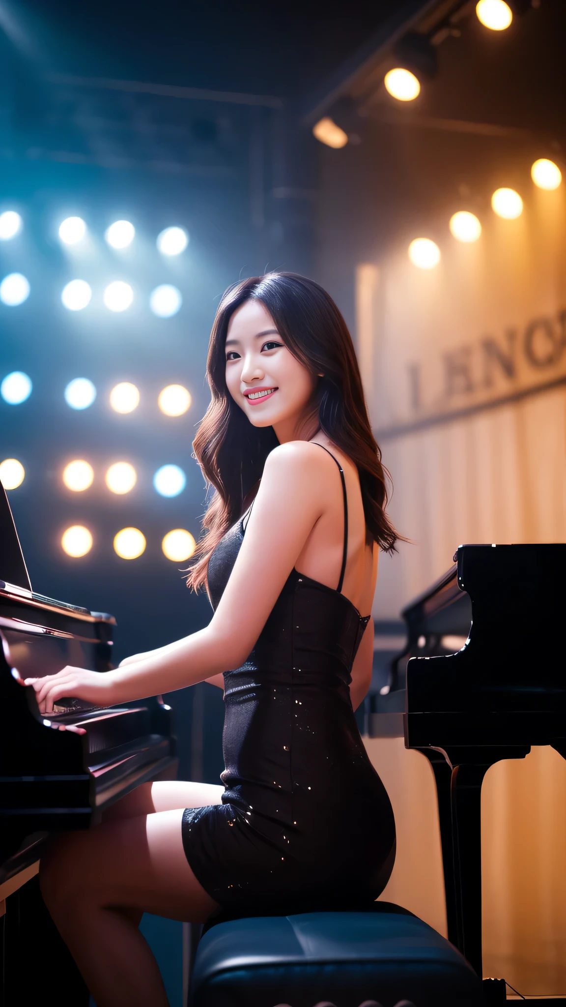 alone,セクシーな刺激的なsmile, (shiny skin:1.05),(blush:0.9),(skin dents:1.15),realistic, table top, highest quality, High resolution,absurd, (perfect face:1.1), ,(highest quality,8k,32K,masterpiece,nffsw:1.3),超A high resolution,(Photoreal:1.4),RAW photo,beautiful hair, sexy dress, cleavage,,medium full breasted,stage of concert hall, detailed background, perfect lighting, written boundary depth, beautiful shadow gradation,Grand piano1tower,smile,、wide angle、shot from the side、pumps,solo plan,sitting on a piano chair and playing。