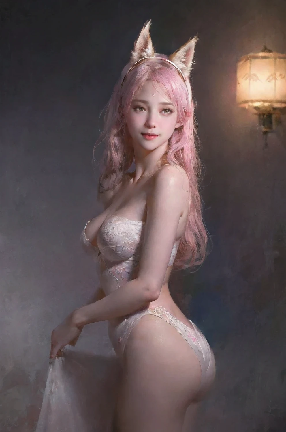 masterpiece, best quality, (extremely detailed CG:1.2), ultra realistic lighting, ultra-detailed, intricate details, cat ear headband, cute eyelashes, (blue eyes), cute hair, young woman, Highres, 4K, 8K, 1girl, lushious lips, red lipstick, white hair, soft blush, long hair, ultra realistic 8k cg, epic, (japanese clothes),night,japanese structure (structure), moonlight, steam, ,asian girl, perfect artwork, masterpiece, picture-perfect face, perfect face,pink hair,shiny skin,beautiful face, ((perfect female body)), sexy, charming, seductive, erotic, alluring, enchanting, ((dark skin)), mature female, milf, pussy,narrow waist, gorgeous goddess, deity,shrine, torii,sakura,absurdly long hair, glowing eyes, piercing eyes, looking at viewer, ((intricate detail, delicate pattern)),fox ears, huge ass, (miko), sweat,