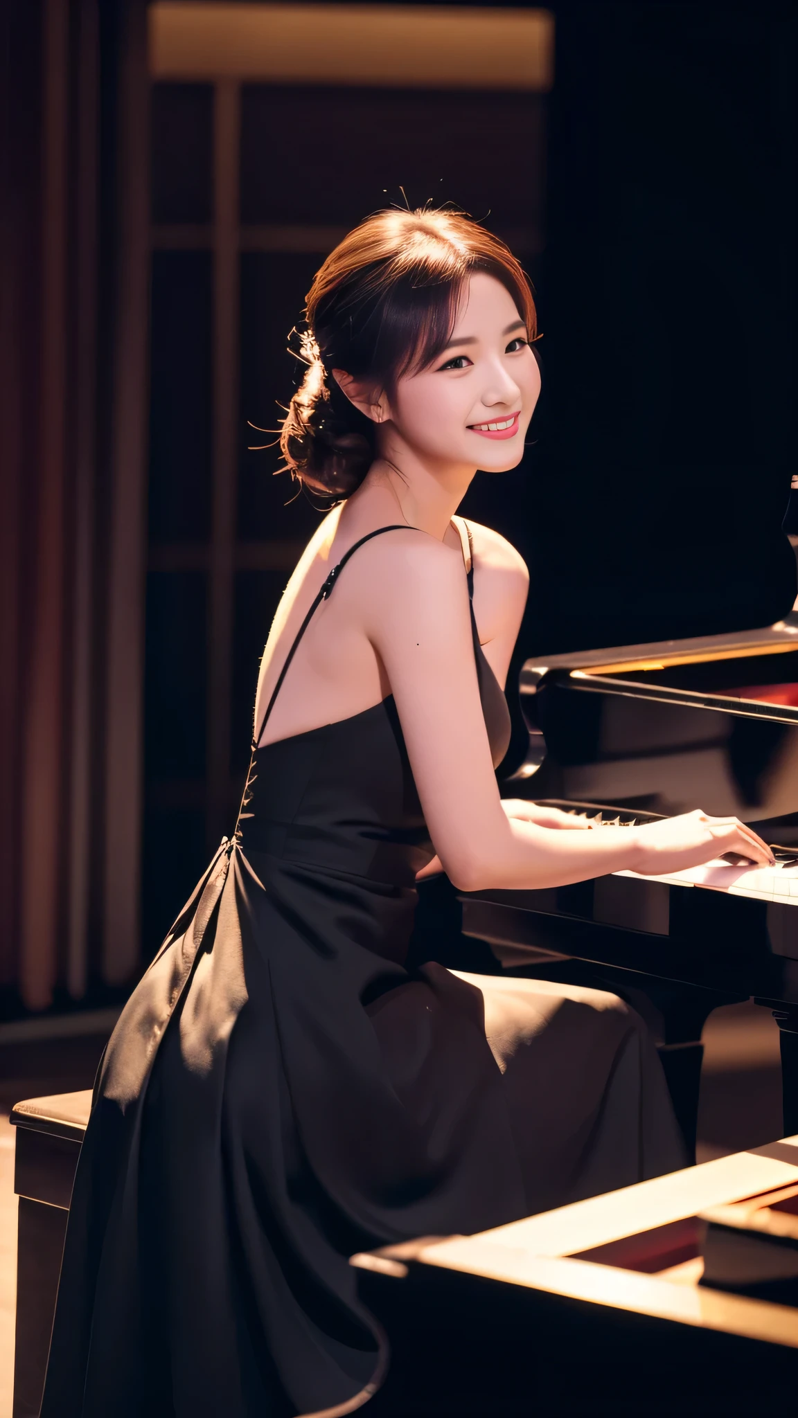 alone,セクシーな刺激的なsmile, (shiny skin:1.05),(blush:0.9),(skin dents:1.15),realistic, table top, highest quality, High resolution,absurd, (perfect face:1.1), ,(highest quality,8k,32K,masterpiece,nffsw:1.3),超A high resolution,(Photoreal:1.4),RAW photo,beautiful hair, sexy dress, cleavage,,medium full breasted,stage of concert hall, detailed background, perfect lighting, written boundary depth, beautiful shadow gradation,Grand piano１tower,smile,、wide angle、shot from the side、pumps,solo plan,sitting on a piano chair and playing。