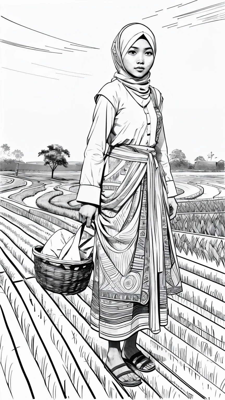 malay hijab farmer in the rice field, sketch, lines and scenes without colors and shadow, masterpiece, Best Quality, Highres:1.4), Detailed, Intricate Details, 4K, color splashes, line art,