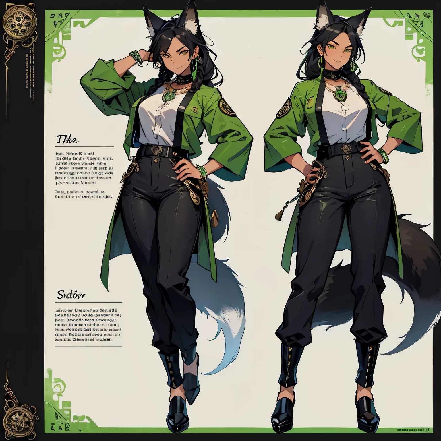 high quality, Masterpiece,character design sheet, dynamic pose, About all the growth, One Fox Girl, Archaeologist, black hair, Braids, Yellow eyes ,Beautiful eyes, White skin, detailed leather, Black fox ears, (4 black fox with tail, european closed clothing, Green, trousers, shirt, Beautiful jewelry, Sly smile, medallion with green stone on the neck, daggers in their hands, green tones,sharp focus, high quality, Correct anatomy , A high resolution