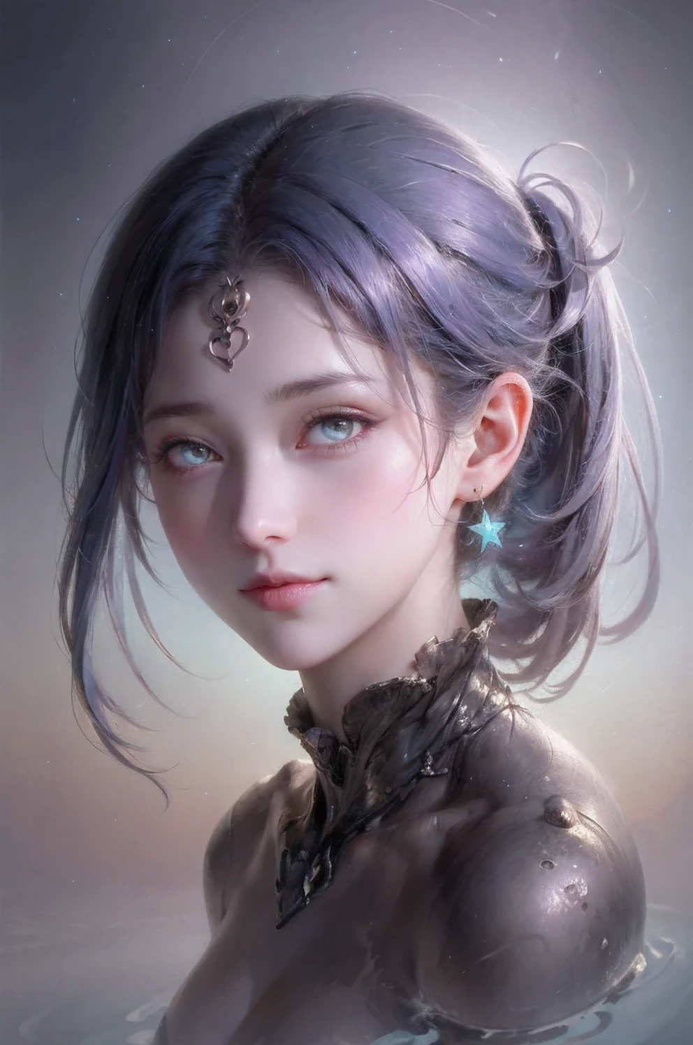 (masterpiece), 8k, very wide shot, volumetrics dtx, portrait, melting into a magical puddle of stars, beautiful eyes, (dreadlocks:0.5) in a ponytail, (Violet head:1), vibrant colors, highly detailed, watercolor sketch in artistic style, large strokes, finalized with ink, fine lines