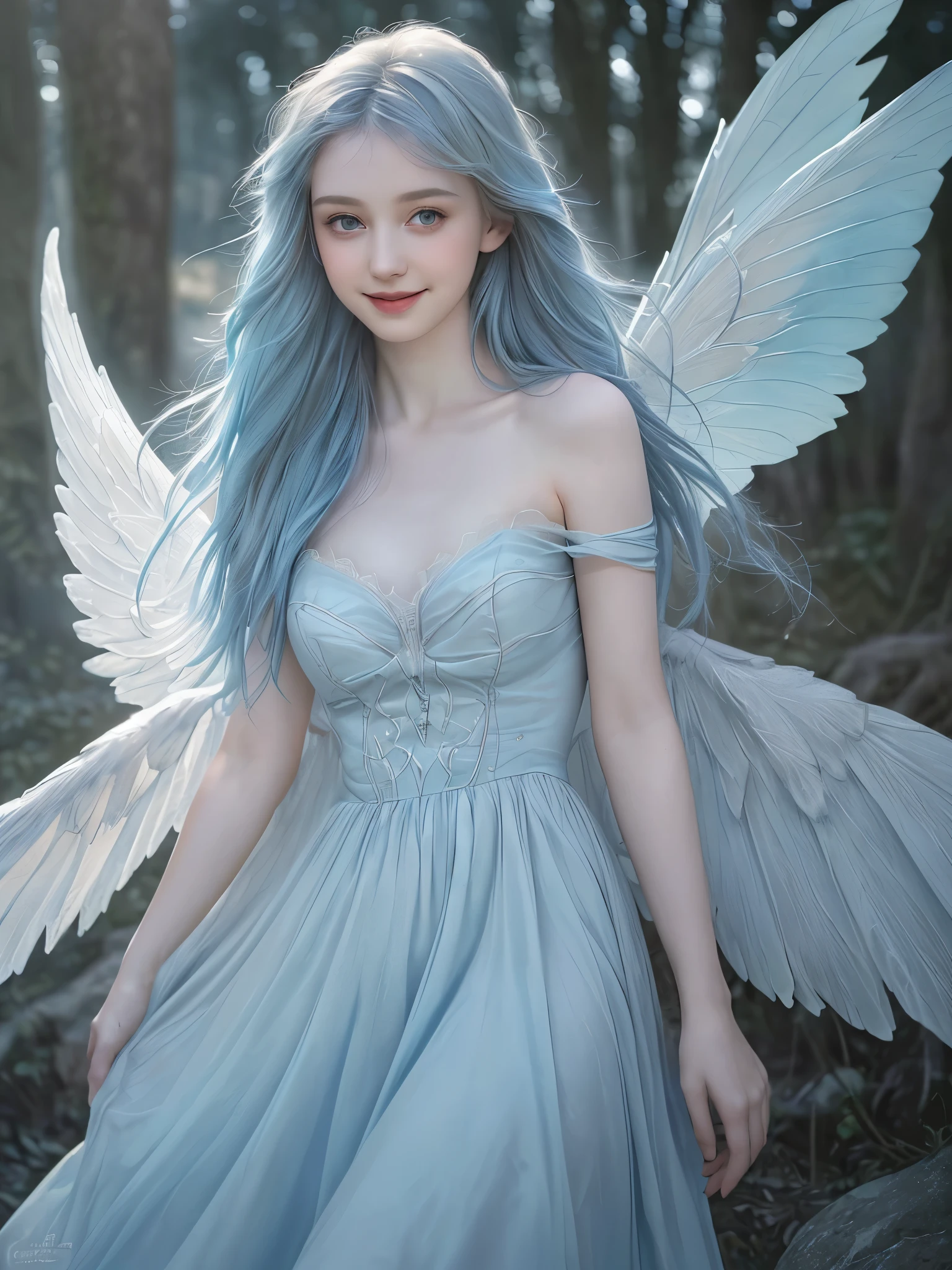 (best quality,masterpiece:1.2,high resolution, (realistic:1.4), RAW photography, 1fairy girl,pale blue dress,pale blue hair, in the light， deep shadows,  cold lighting,two wings on each side,smile,low exposure,in the sky,kindness,Ephemeral expression)