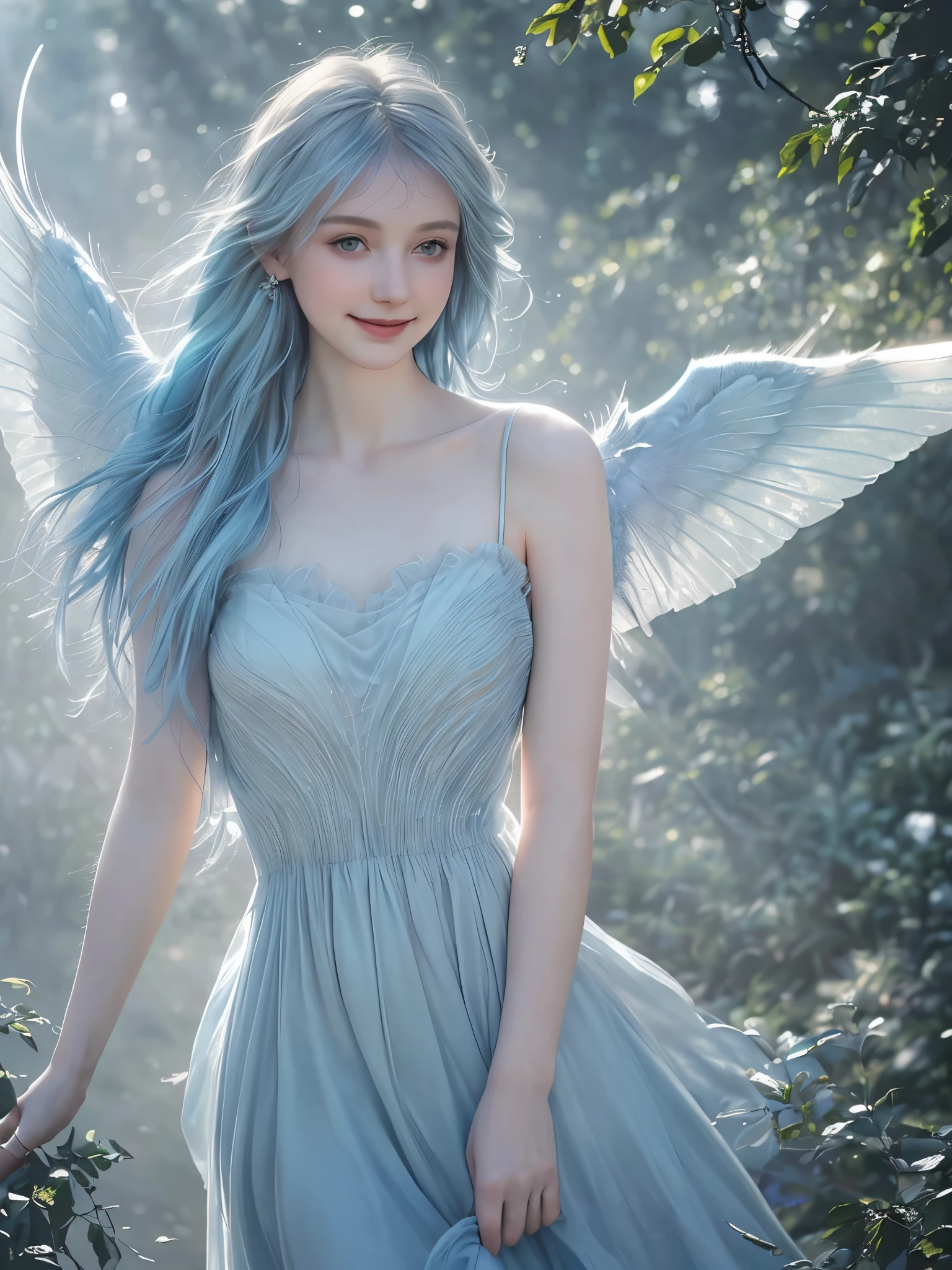 (best quality,masterpiece:1.2,high resolution, (realistic:1.4), RAW photography, 1fairy girl,pale blue dress,pale blue hair, in the light， deep shadows,  cold lighting,two wings on each side,smile,low exposure,in the sky,kindness,Ephemeral expression)