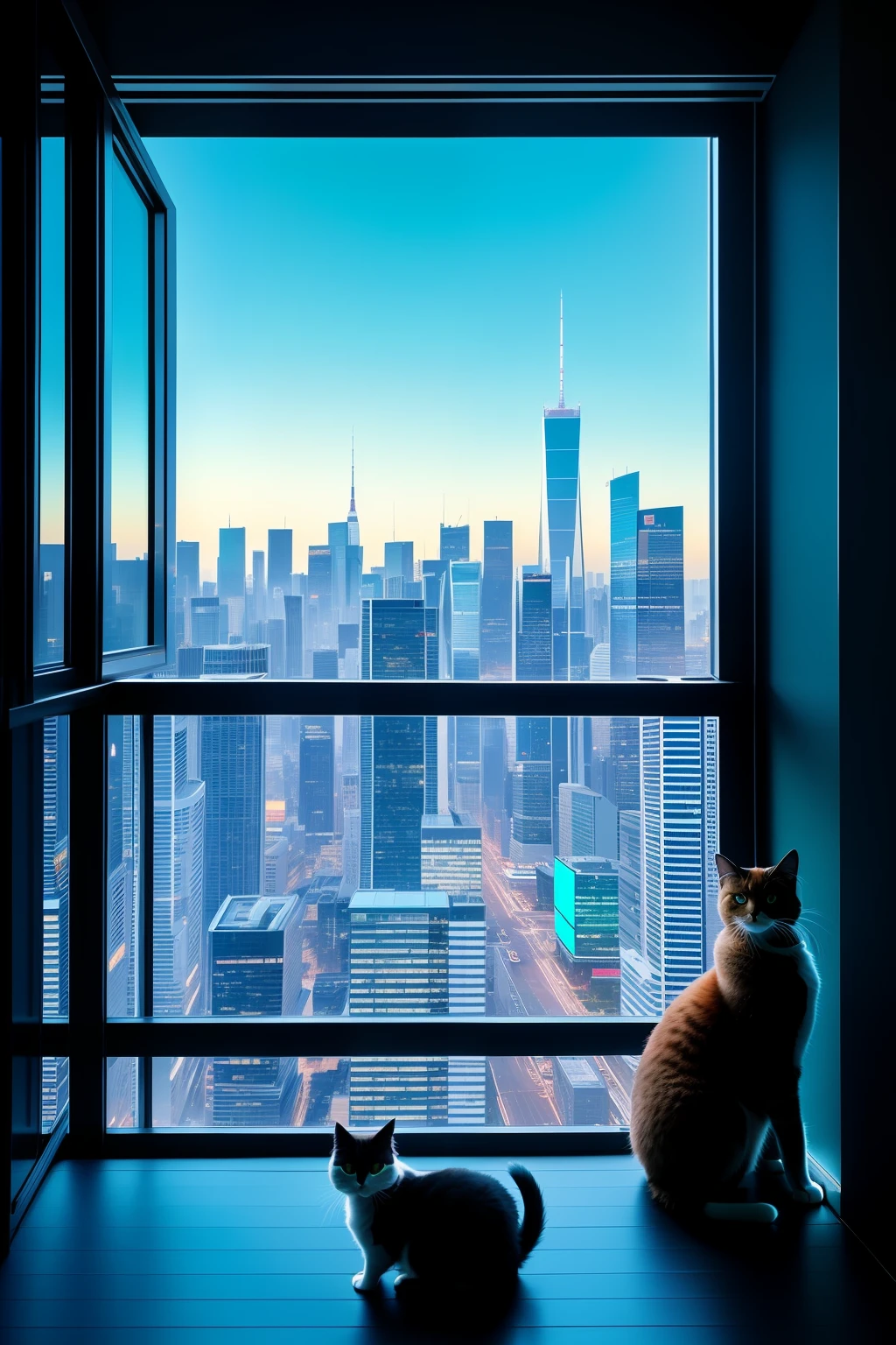 A cat, with its soft fur and expressive eyes, sits comfortably in the windowsill of a futuristic cyber city residence. The cool hues of neon blue and green lights from the cityscape outside cast an otherworldly glow over its form, creating an intriguing contrast between nature and technology. The cat's body is relaxed, its tail twitching gently as it observes the bustling metropolis beyond. The camera lens captures the scene in crisp detail, the reflective window offering a cinematic view of the cat and the cityscape merged in one frame. An HDR photograph with overall enhanced colors and hyper-detailed textures breathes life into the image, revealing every line