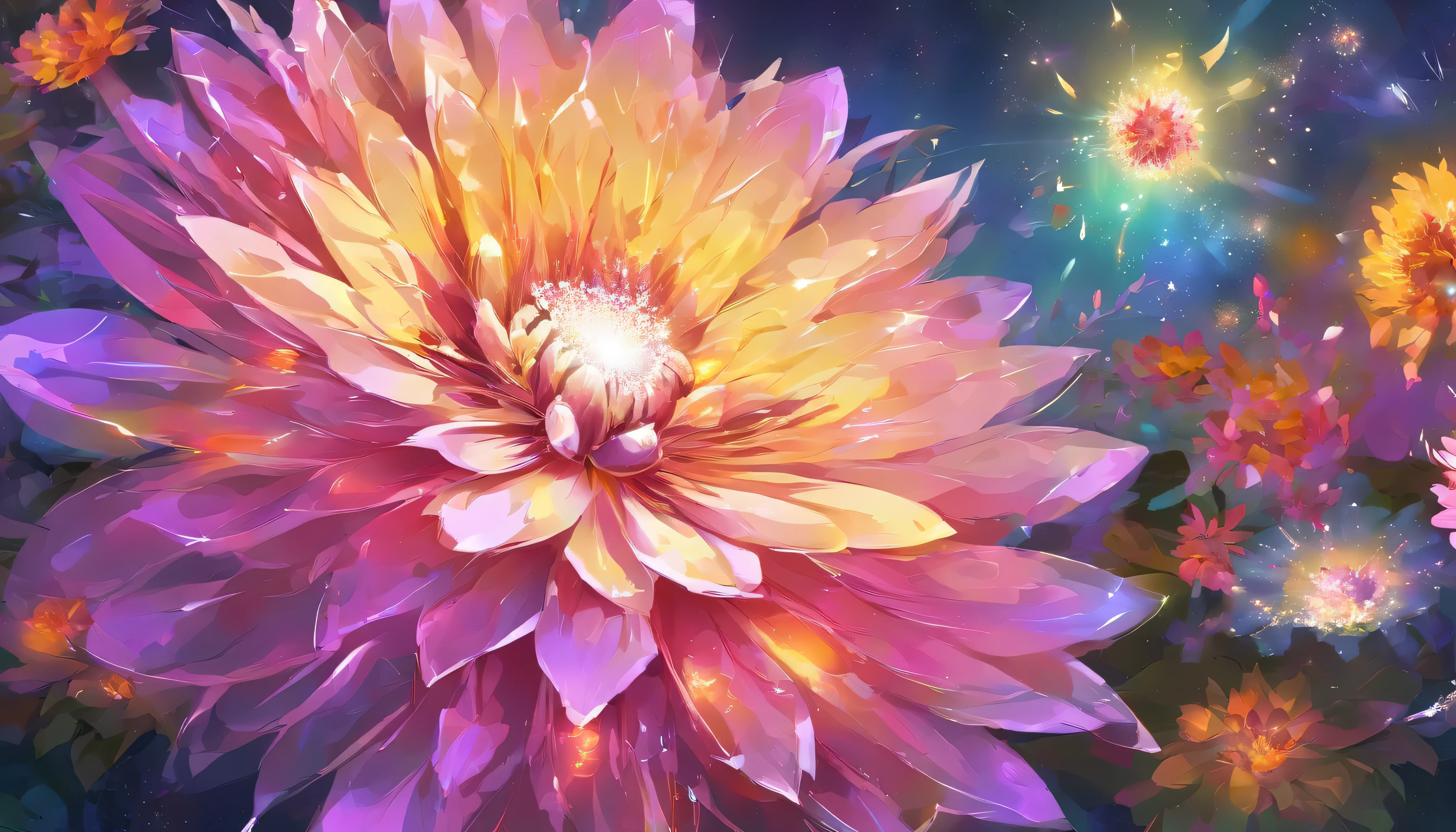 Digital art detailed for the best masterpieces, Highest Quality, with sparkling delicate yellow and pink dahlia flowers with elegant leaves,、Flowers against the background of colorful diamonds, Graceful stems, And delicate, And elegant, flowey, Glittering petals, flowercore, surrounded flower, Radiant magic representing flowers, Beautiful animations, 16k race bright flowers, Beautiful Art U Hard Disk 4k, Detailed Painting in 4K, Beautiful flowers and crystals, Luminous flowers, huge flower, light bloom, full bloom, Glowing flowers with bloom ether effect, Magic colorful flowers with flower pieces in the middle of the garden, floral environment, Beautiful Art U Hard Disk 4k, magical flowers, Flower explosion, Beautiful digital painting detailed in emergency digital photography, Detailed Painting in 4K, background artwork, Flower explosion, Floral flower color, highly-detailed digital painting, Appeared in 4K, Best Quality, hight resolution, 1080p, hard disk, 4K, 8K