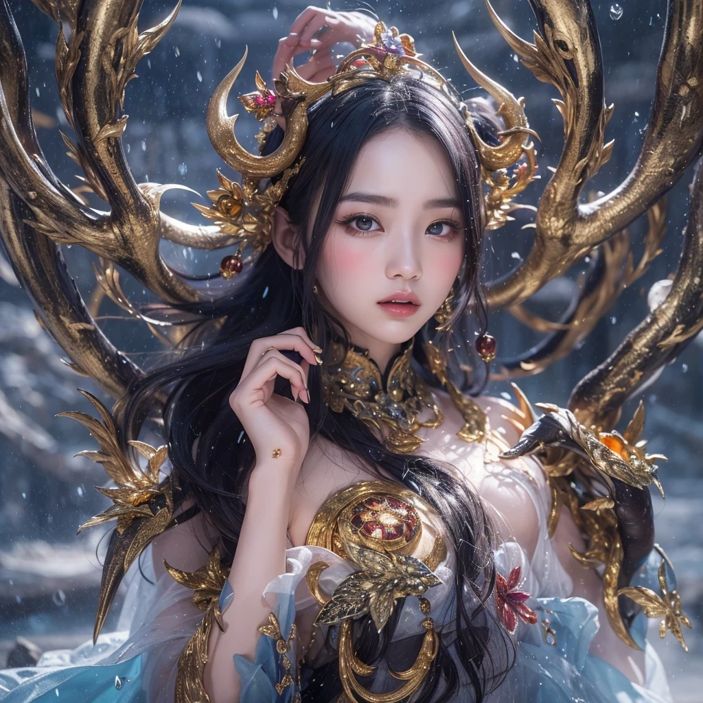 Antlers Flying Nine Tails Light Blue Heavenly Master Flame Hair Star，novel，Torch Night Black Gold Orange Snake Print Silk Trousers，Rouge Diamond Tulle Sheer Lizard Print，Fat girl flying in space in the snow 1:900 miniatures，side view，pure transparency，put on boxing gloves，佩戴金框反Light挡风玻璃眼镜，Panoramic super wide angle，very happy，Authentic and delicate texture，Strong visual impact，super detailed，dream girl，delicate face型，beautiful eyes，Hair floating in the air， cherry style，Zhou Xiaotong，crystal clear，Good sense of perspective，Light影效果，16KLight滑，surface reflected Light，flowing black hair，Water Goddess 32K，complicated，grace，Very detailed，Gorgeous，digital photography，Autumn Cowboy Shooting，Surrealism，broken ruby，defeat magic，Water magic entanglement，（masterpiece，Light，beautiful eyes：1.2），high dynamic range，void 5 energy storm，(china 1 girl，black eyes:1.5），rouge skin，porcelain skin，(sit on stone：1.5），delicate face，black hair，穿上Gorgeous金色铠甲，take off shoulders，，short skirt，beautiful golden armor，it&#39;it&#39;It&#39;s raining，With a shy head down，Turn your back to the camera，masterpiece，side,side portrait close-up