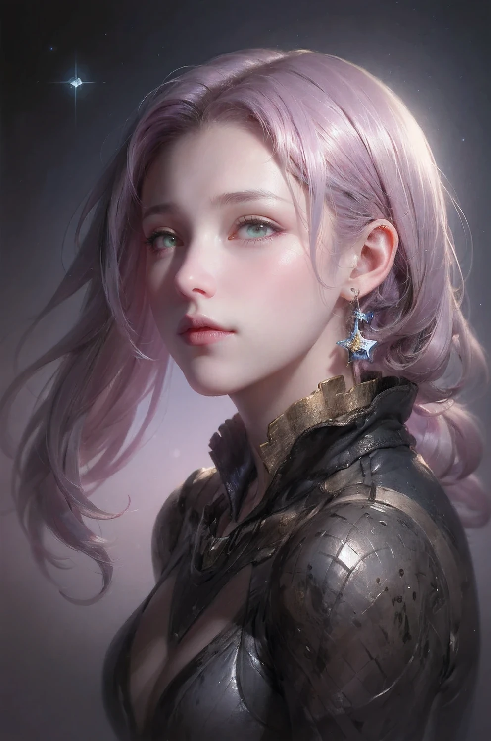 (masterpiece), 8k, very wide shot, volumetrics dtx, portrait, melting into a magical puddle of stars, beautiful eyes, (dreadlocks:0.5) in a ponytail, (Violet head:1), vibrant colors, highly detailed, watercolor sketch in artistic style, large strokes, finalized with ink, fine lines