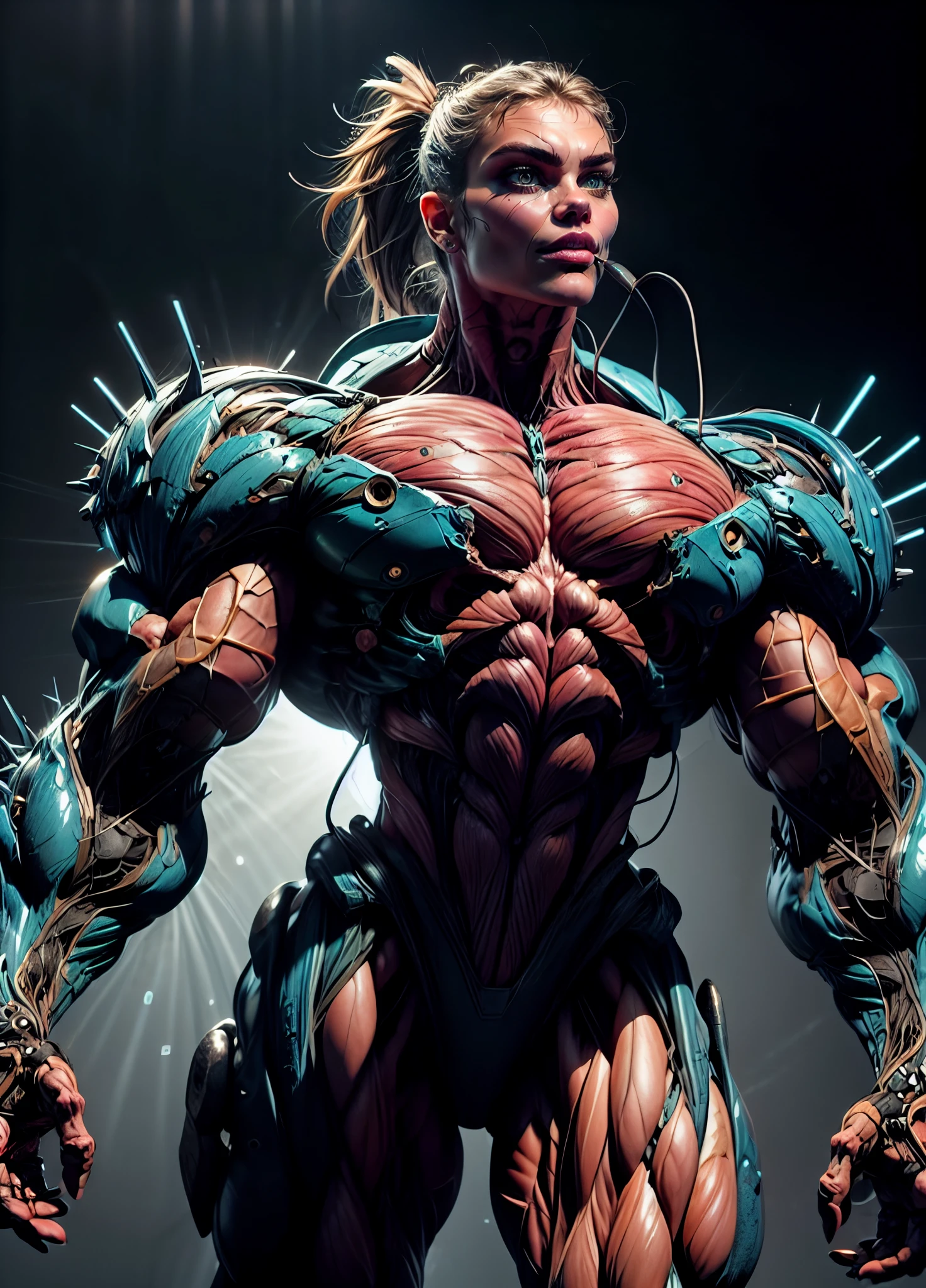 (1 girl), (cara delevingne), (muscular girl wearing a bio mecha muscle suit:1.25), detailed, ultra-detailed, masterpiece, 8k wallpaper,(bio mecha:1.25), (muscle:1.3), (muscle tissue:1.25),
(dramatic angle:1.3),(dynamic angle,:1.2), (mecha design (de):1.6), (mdde:1.3),
weapon, spikes, mecha, solo, science fiction, standing, holding, glowing, electricity, teeth, monsteress, simple background, claws