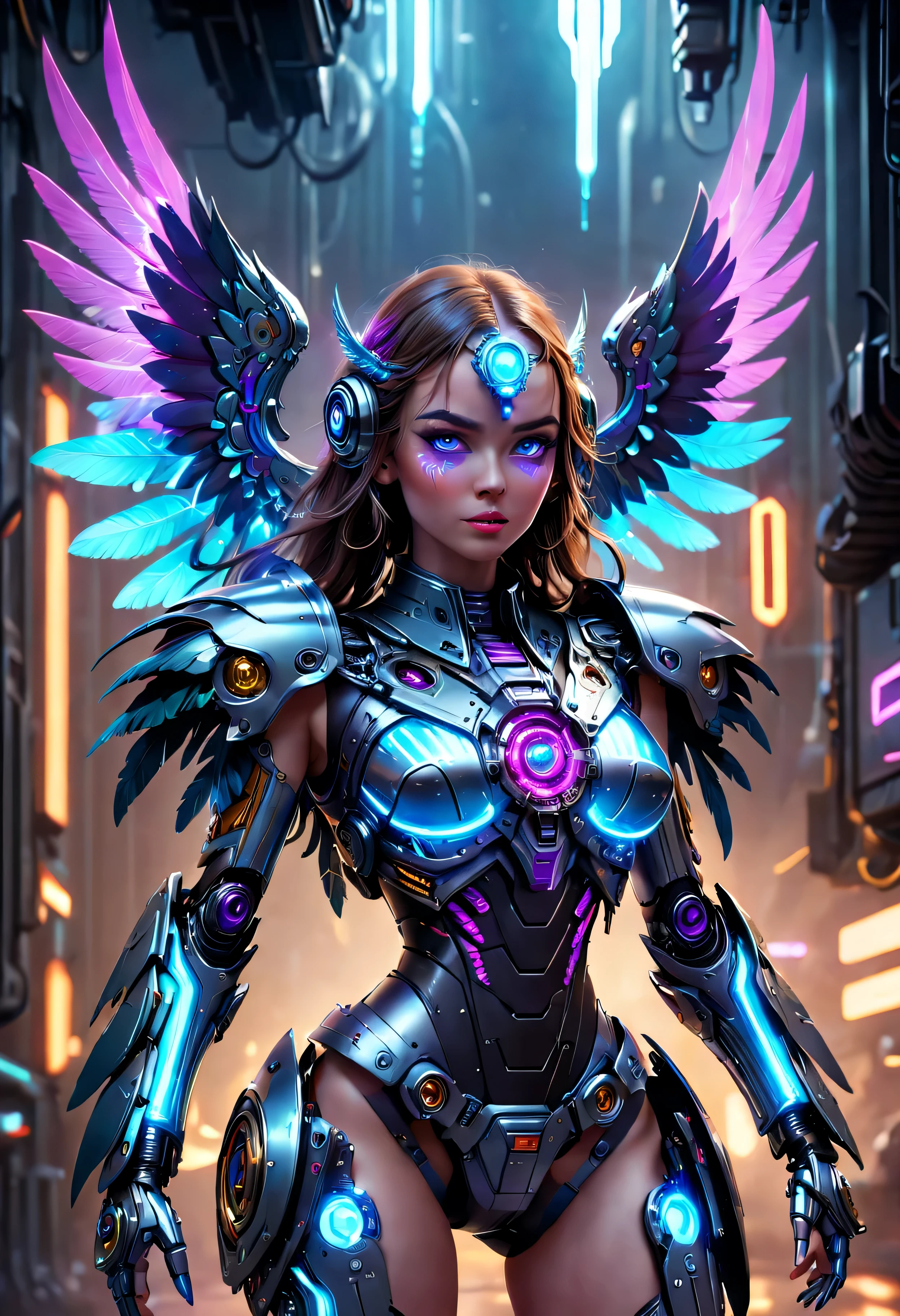 (best quality, 8k, high resolution, masterpiece:1.2), (super detailed), (Cybertronian future mechanical vulture), Full body female love, dream light,glowing neon lights,High-tech mechanical parts,Metal claws and wings,Metal heads and pecks,metal feather,cool,metal legs,Bionic eye,Detailed feather design,sharp mouth,suspended in mid air,Electric blue and bright purple,vivid glowing eyes,Reflective metal surface,interlocking mechanical gears,Dynamic and stylish design,motion blur effect,Meticulous craftsmanship,Sci-fi atmosphere,Streamlined aerodynamic shape,Laser scanning pattern,Holographic projection,Light-emitting circuit lines,unforgettable beauty,otherworldly precision,Advanced sensors,complex algorithm,Ominous and mysterious atmosphere,electric spark,Shiny chrome plating,Propulsion systems of the future,alone,medium shot,concept art, fantasy theme,Volumetric lighting, global illumination, reflection, super high quality,The light is bright,RGB color,bright colors, Mecha girl,McConlogue Equipment