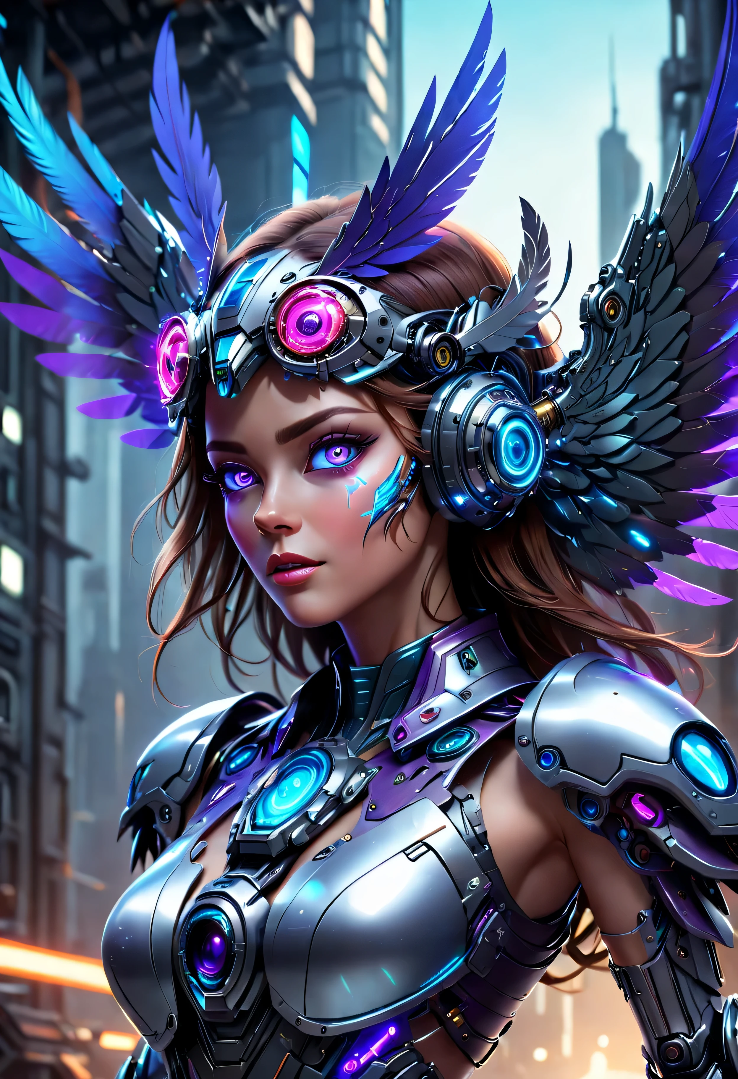 (best quality, 8k, high resolution, masterpiece:1.2), （super detailed), (Cybertronian future mechanical vulture), Full body female love, dream light，glowing neon lights，High-tech mechanical parts,Metal claws and wings,Metal heads and pecks,metal feather,cool,metal legs,Bionic eye,Detailed feather design,sharp mouth,suspended in mid air,Electric blue and bright purple,vivid glowing eyes,Reflective metal surface,interlocking mechanical gears,Dynamic and stylish design,motion blur effect,Meticulous craftsmanship,Sci-fi atmosphere,Streamlined aerodynamic shape,Laser scanning pattern,Holographic projection,Light-emitting circuit lines,unforgettable beauty,otherworldly precision,Advanced sensors,complex algorithm,Ominous and mysterious atmosphere,electric spark,Shiny chrome plating,Propulsion systems of the future，alone，medium shot，concept art, fantasy theme,Volumetric lighting, global illumination, reflection, super high quality，The light is bright，RGB color，bright colors, Mecha girl，McConlogue Equipment