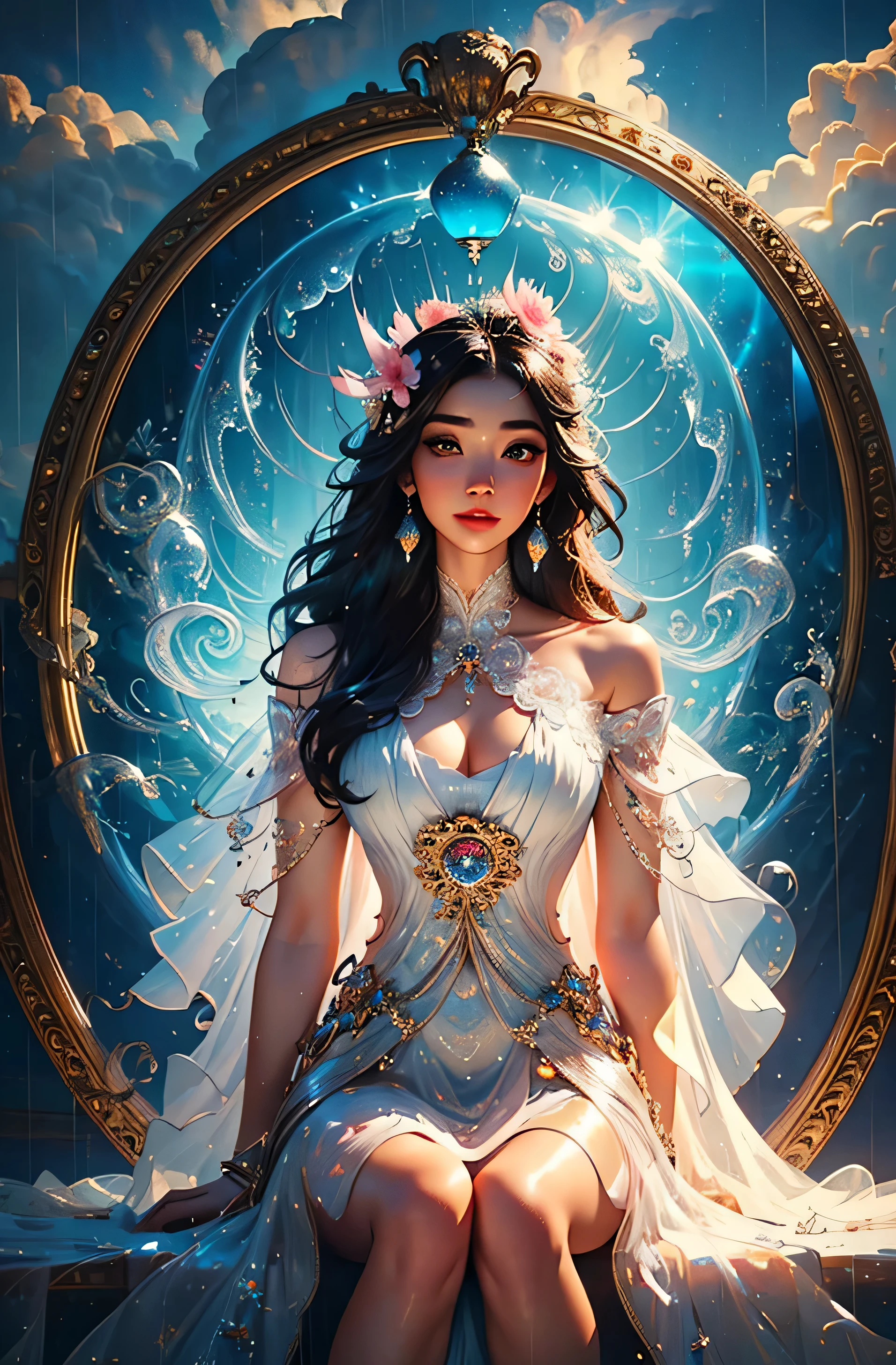 A girl sits on a bench holding an hourglass), highest quality, Are you okay, expressive eyes, perfect face, giant floating antique hourglass, Beautiful girl sitting inside an hourglass, lamp lantern clock, magical swirling sky, rain clouds with thunder, long wavy black hair, Beautifully illustrated homepage style, High resolution, strong outline, 8k, famous art style, transparent white silk dress, fashion style, Bright fog. paint splashes. Particles that shine like jewels, magic spell. pink silver gray color gradation shining steam veil wave. Baroque elements, intricate Oils, fountain with swirling bubbles, whole body, very detailed (fractal art: 1.3), bright colors, more detailed, slight smile, transparent clothes, mandala and plumeria flowers, highest quality, Vibrant hair dissolved in water, Private parts that look beautiful, perfect smile and full lips, Delicate and perfect body, digital painting, intricately detailed eyes、stare at the camera、Please turn your head a little, Are you okay art, Oil, detailed magical garden, metallic rose, autumn leaves, metallic colors and enamels, Oil tan skin, shiny skin, legend concept art, 8K volumetric lighting