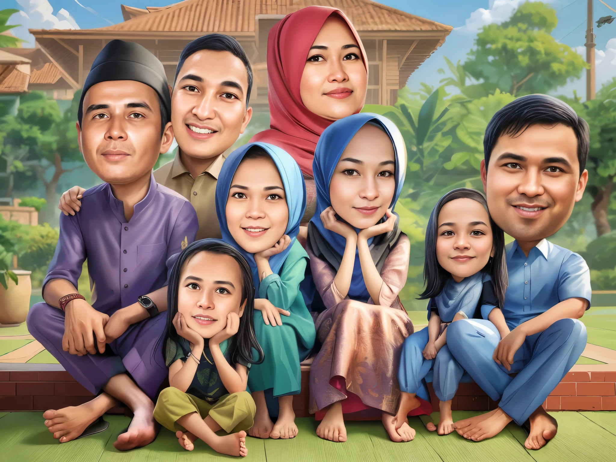 arafed family muslim portrait of a man, woman hijab, , and two other people, caricature illustration, in cartoon style, caricature style, potrait, realistic cartoon, cartoon art, an indonesian family portrait, happy family, caricature, digital art cartoon, family portrait, cartoon artstyle, family, cartoon style illustration, realistic portrait photo, style of cartoon, full protrait,HDR++, realistic, randering