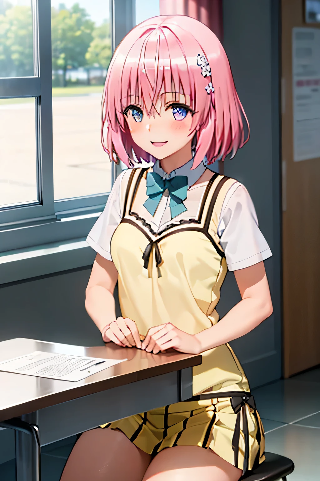 momo velia deviluke, ph momo, momohd, phmomo, solo, 1girl, pink hair, purple eyes, short hair, hair flower, sweater vest, school uniform,(yellow sweater:1.2), big eyes, plaid skirt, black thighhighs,
(masterpiece:1.2, best quality), (finely detailed beautiful eyes: 1.2), (beautiful detailed face), (sharp face hair between eyes, Classroom,
(detail white panty, cameltoe), 12yo, brush, ((spread legs, cum)), (shiny skin, sweating: 1.4), dynamic lighting, high resolution, sharp focus, depth of field, breast rubbing, netting, tights, mesh material、(Naked:1.4), (see-through lingerie:1.3), (blushing face:1.4), smiling, cowboy shot, g cup、bodysuit, ripped clothes, clothes that can be taken off, take off, pose, break, fall, severe damage, trembling look, luscious, appeal,, exposed skin ,impossible swimsuit ,nipple clothes ,nipple 、m legs