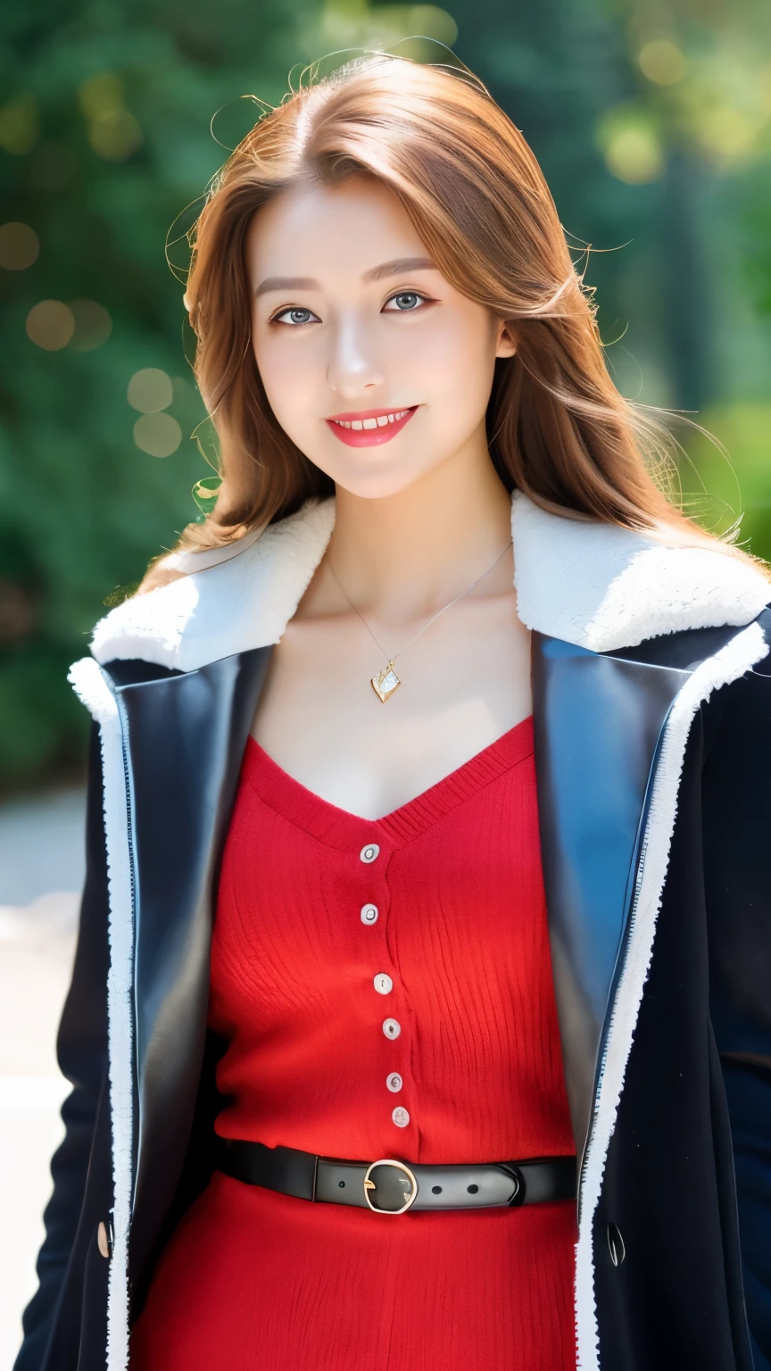 best quality, ultra-high resolution, real, photorealistic, 8K, BREAK, a Japanese girl, full body, full body, BREAK, long light brown hair, white skin, blushing cheeks, detailed red lips, drunk, smile, BREAK, black and white jacket with decorations, a necklace, BREAK, (a lamborghini:1.2), natural lighting