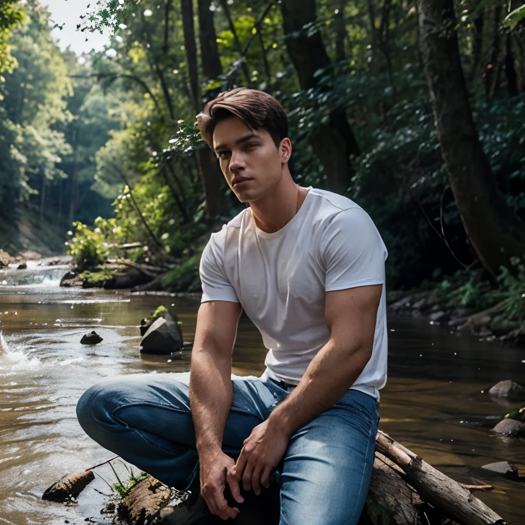 A well-built young man, wearing a white t-shirt and blue jeans, safety shoes, the man is in the forest and is sitting on a broken tree, nearby there is a river that looks like flowing water, the photo is very realistic, very real, clear details , 32k resolution, UHD.