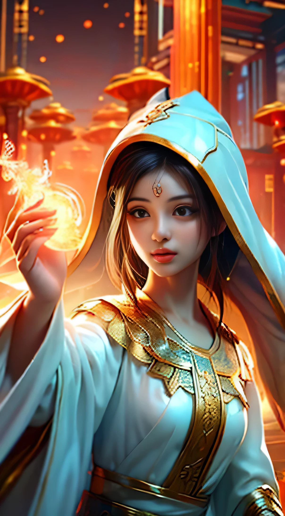 (masterpiece, highest quality, highest quality, official art, beautiful and aesthetic:1.2), (1 girl), very detailed, (fractal art:1.3), colorful, most detailed, perfect face, Upper body, HDR, (pray:1.3), (Golden lines in a white cloak:1.2), milky way, (Streaks of Light), impressive visuals, (dynamic streak, path of light:1.2), bright colors,