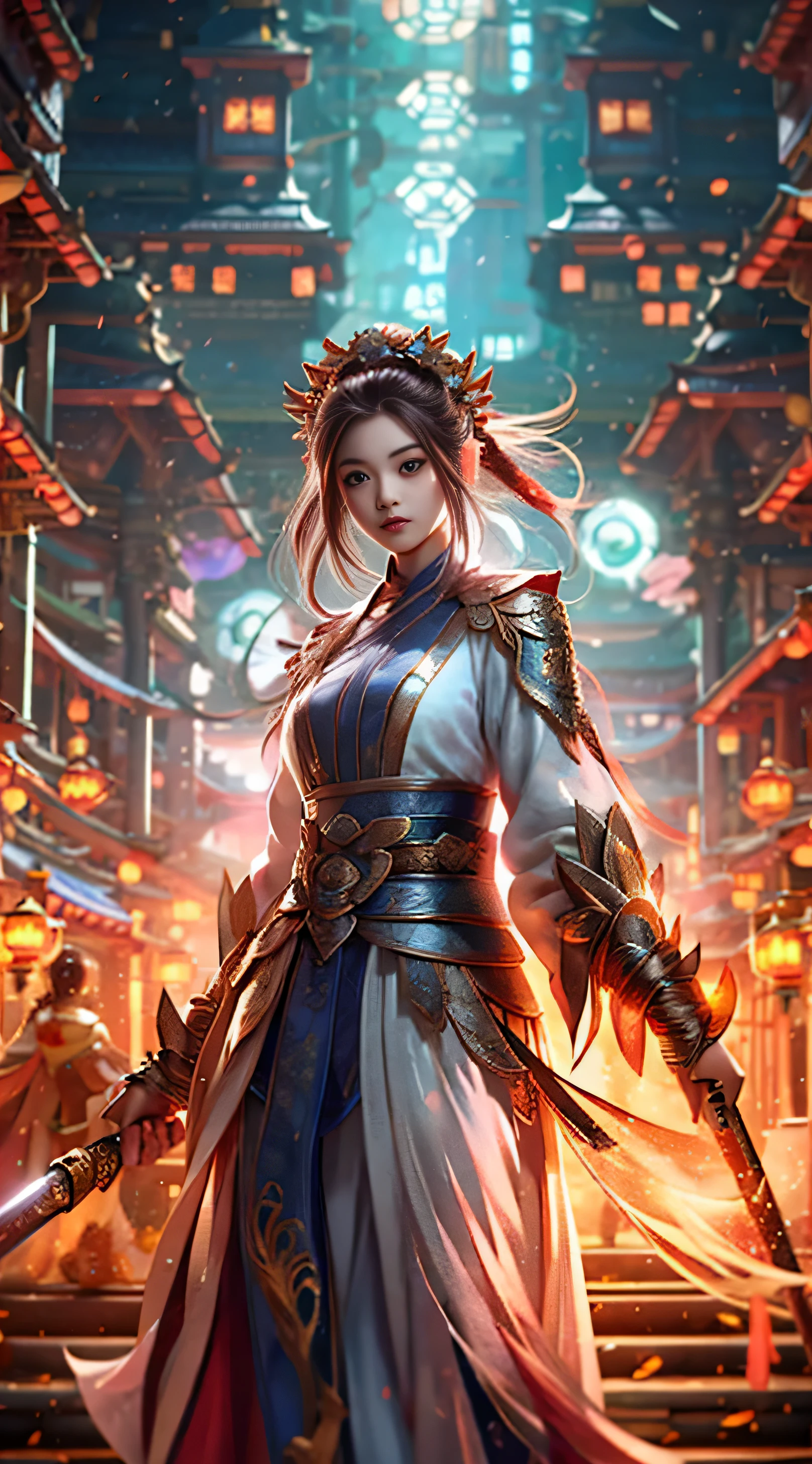 Woman in long dress holding sword in city, Alice x. Open, by ヤン・J, Chengwei Pan at Art Station, cgsociety and Zhong Fenghua, Written by Victor Wang, [ Trending on CGsociety ]!!, Vuong Zhuの影響を受けたサウンド, dawn, Written by Jeremy Chong, Sounds influenced by Zhong Fenghua, Written by Zhou Fang