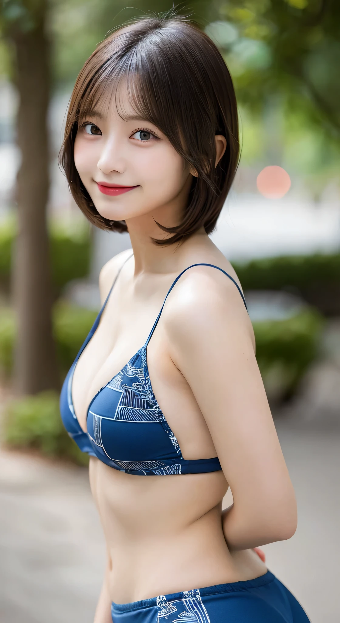 highest quality, shape, Super detailed, finely, High resolution, 8k wallpaper, 完璧なダイナミックな構shape, beautiful and detailed eyes, blue bikini,short hair,Big Tits Natural Color Lip、20 year old girl、cute、sexy shot looking at camera、Transparency、smile、standing posture with back arched,geometric print