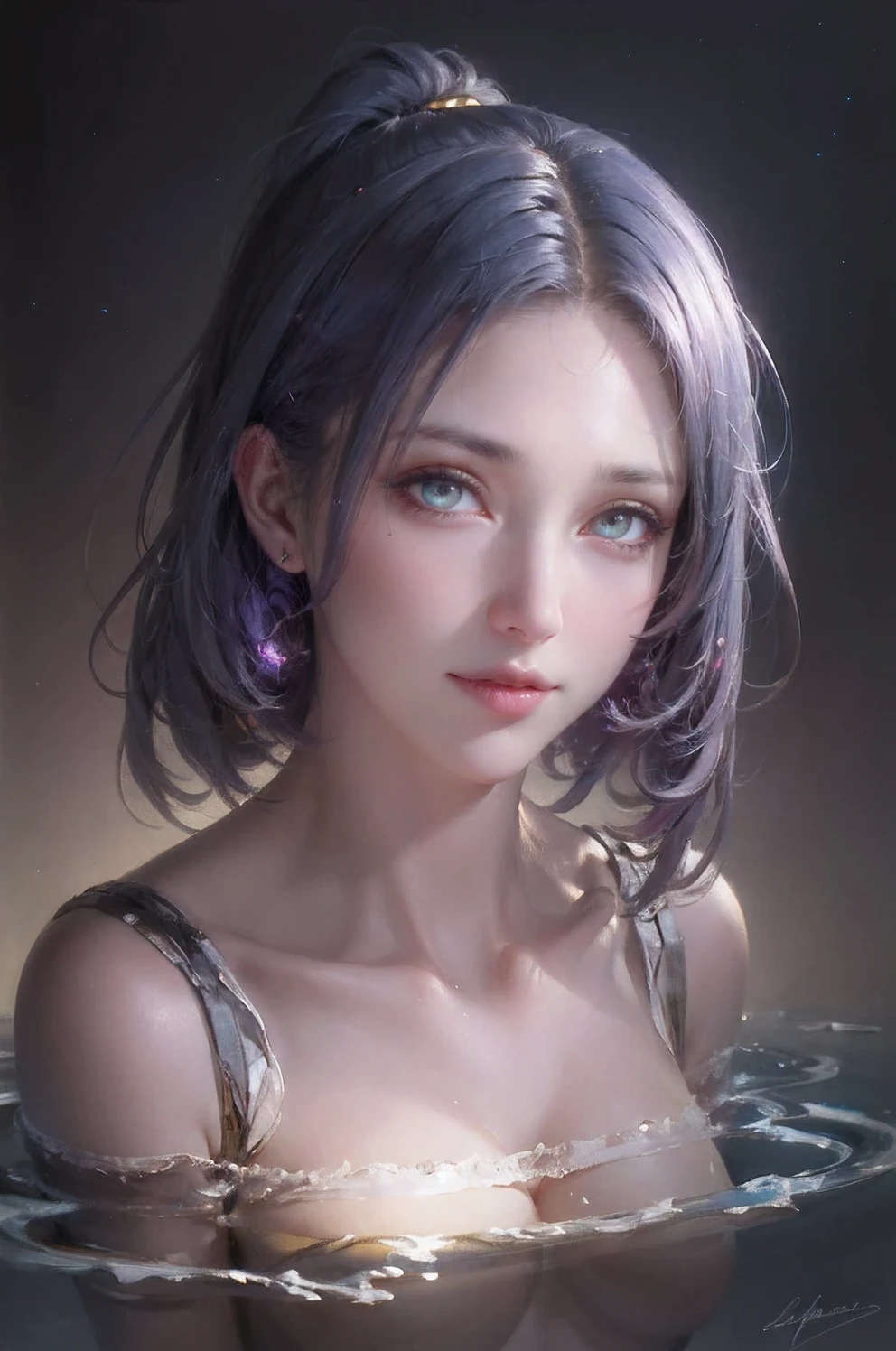 (masterpiece), 8k, very wide shot, volumetrics dtx, portrait, melting into a magical puddle of stars, beautiful eyes, (dreadlocks:0.5) in a ponytail, (Violet head:1), vibrant colors, highly detailed, watercolor sketch in artistic style, large strokes, finalized with ink, fine lines
